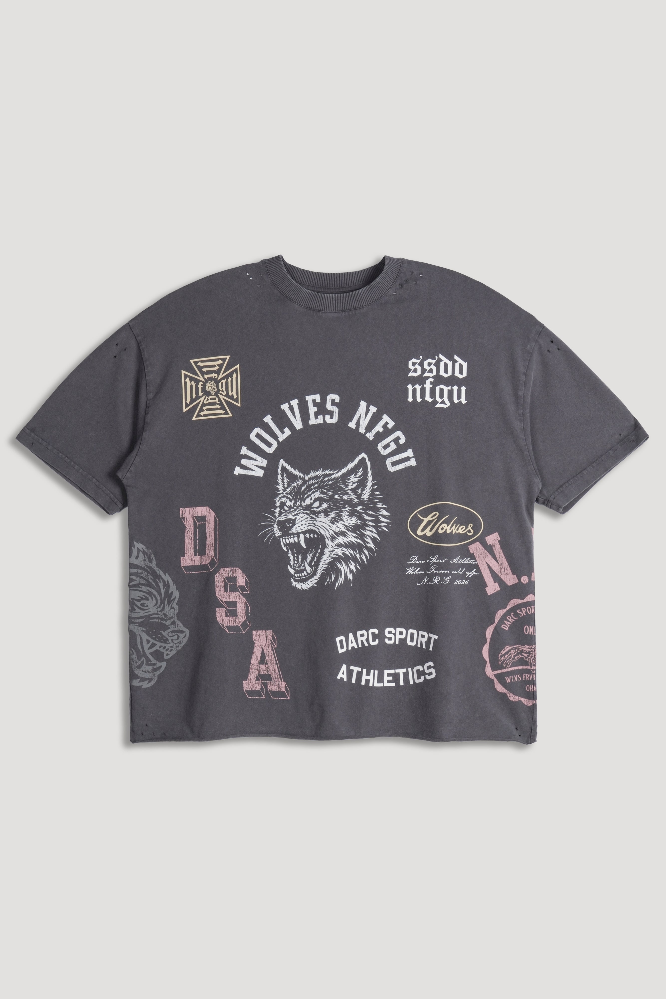 Wolves Athletics Distressed Grunge Mid Length Raw Hem Tee in Slate Gray