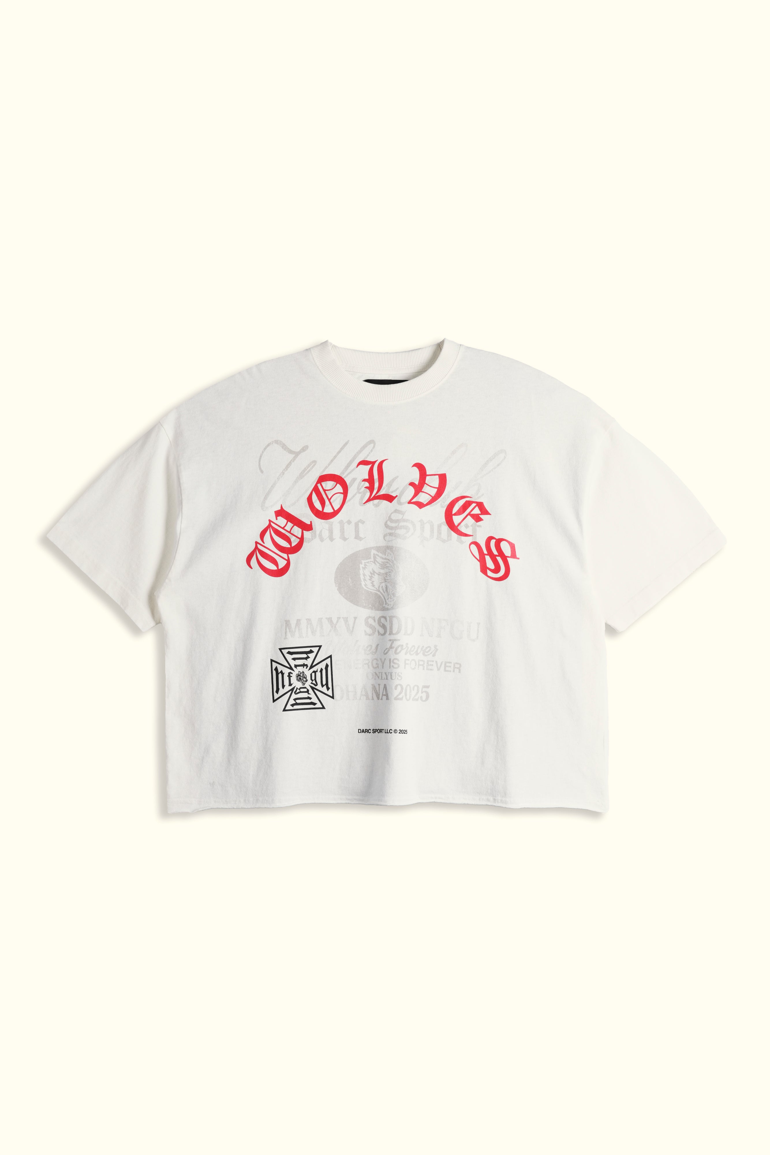 Ohana Wolves Club Grunge Raw Hem Mid Length Tee in Cream