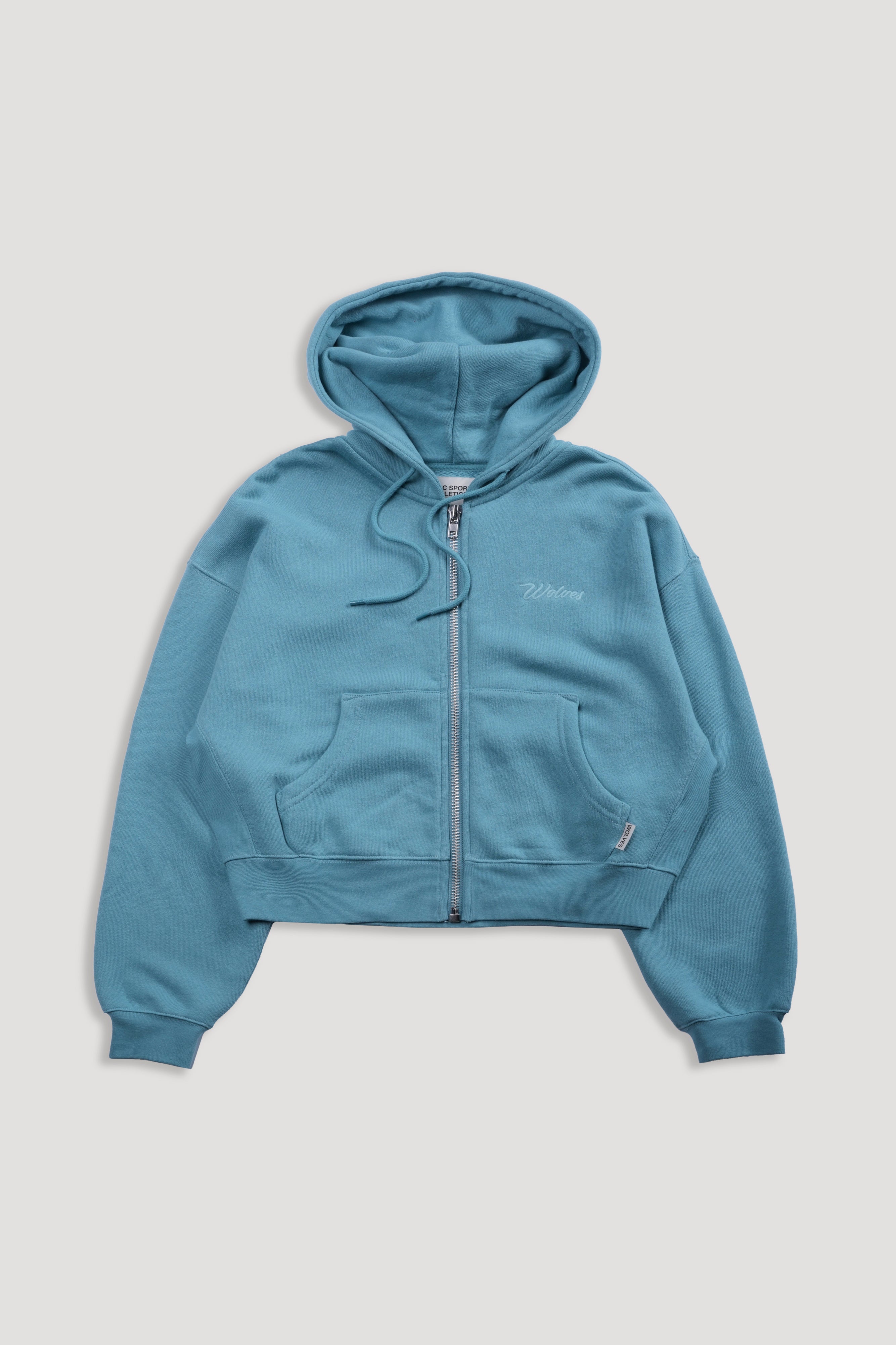 Cursive Wolves "Sage" Cropped Zip Hoodie in Dusty Turquoise