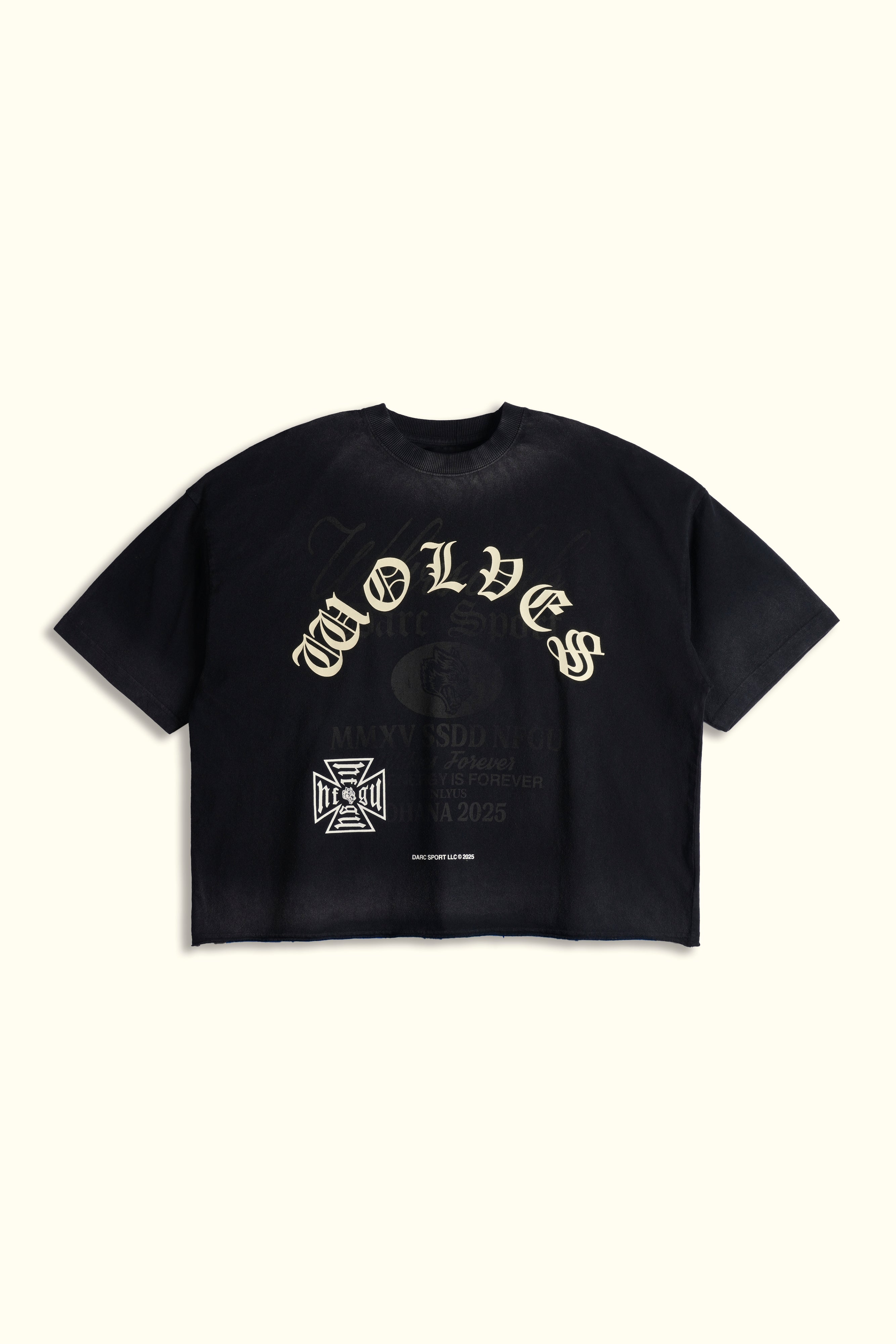 Ohana Wolves Club Grunge Raw Hem Mid Length Tee in Black Drift Wash