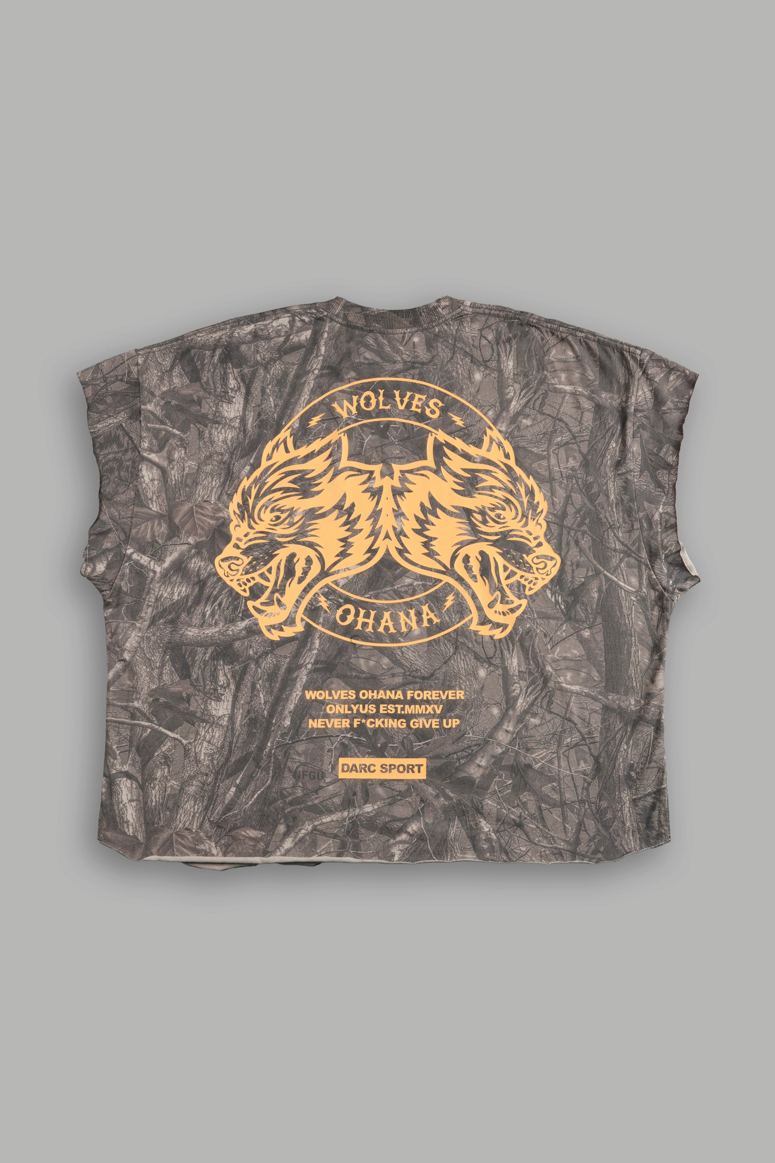 Wolves Ohana Forever "Grunge" Cut Off Tee in Dusk Moss Driftwood Forest Camo