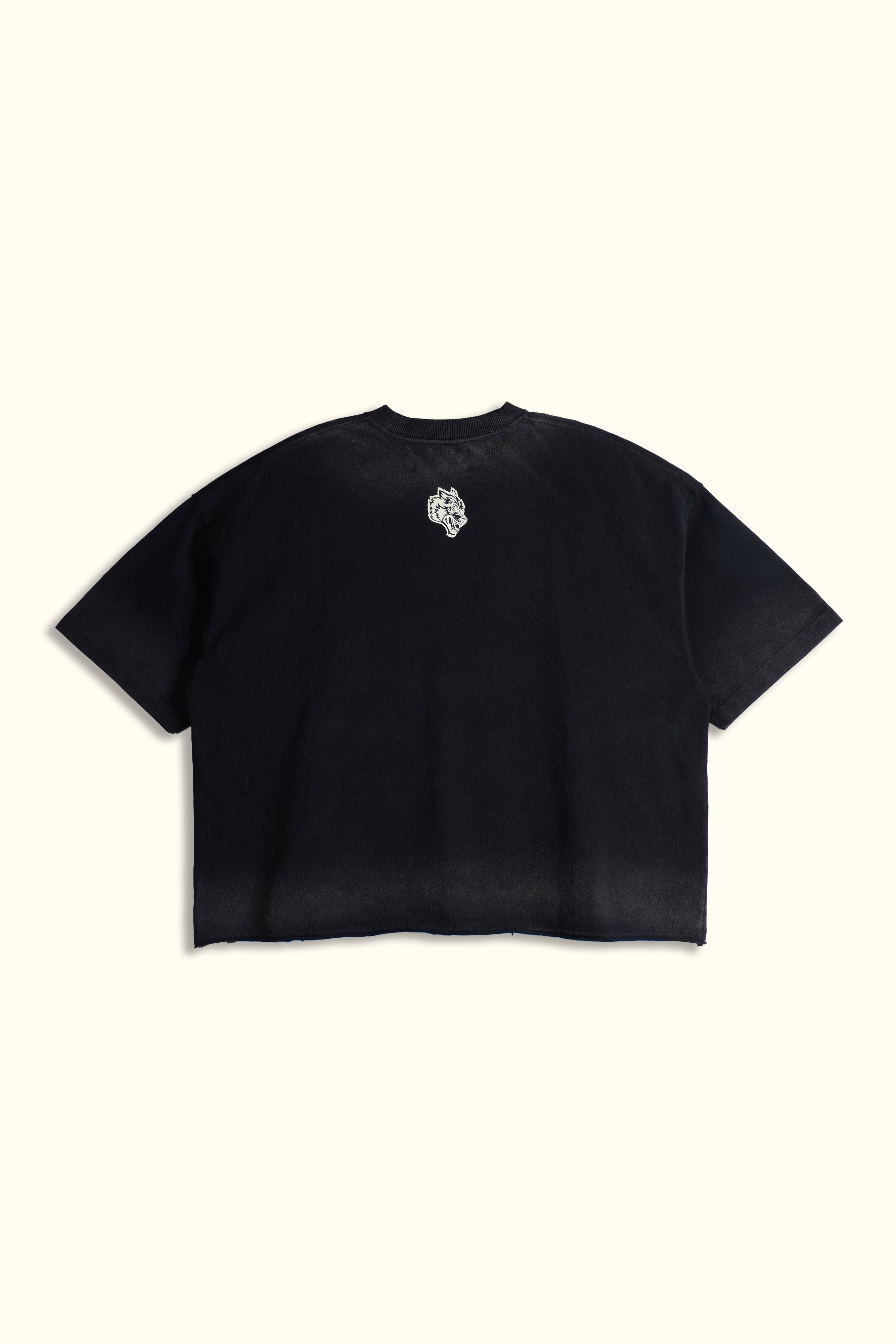Ohana Wolves Club Grunge Raw Hem Mid Length Tee in Black Drift Wash