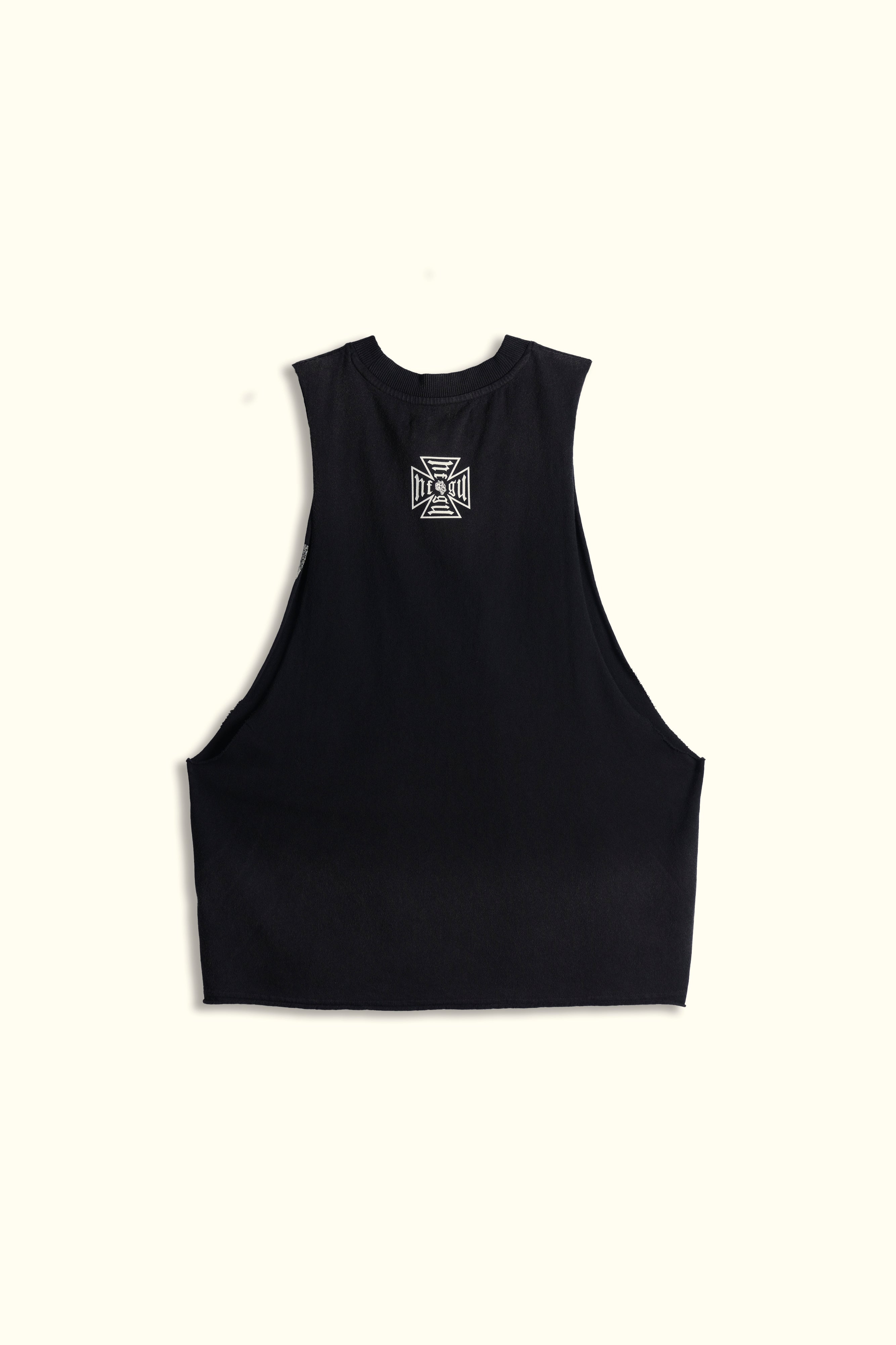 Ohana Wolf "Grunge" Raw Cropped Tommy Muscle Tee in Black Drift Wash