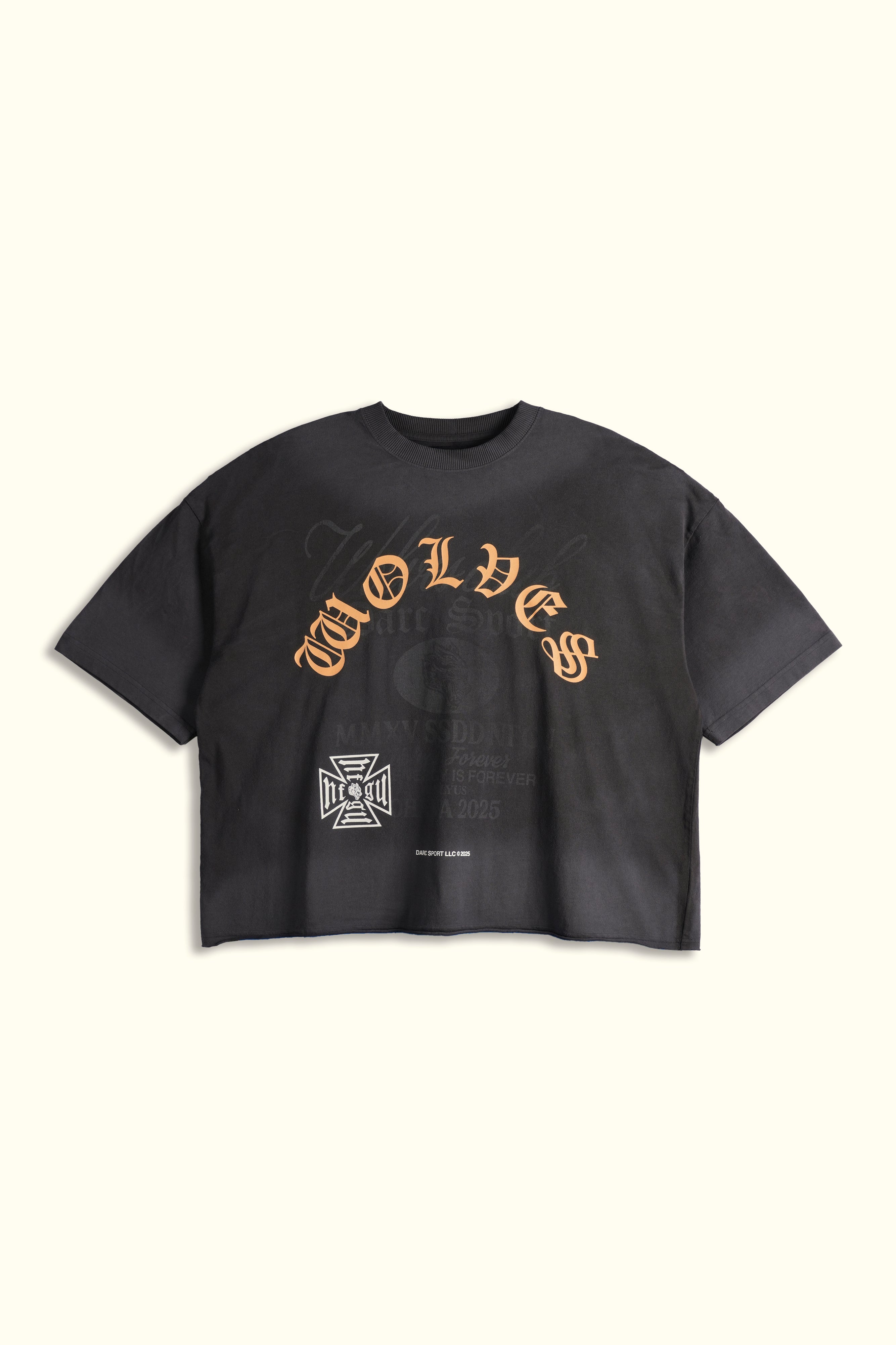 Ohana Wolves Club Grunge Raw Hem Mid Length Tee in Wolf Gray Drift Wash