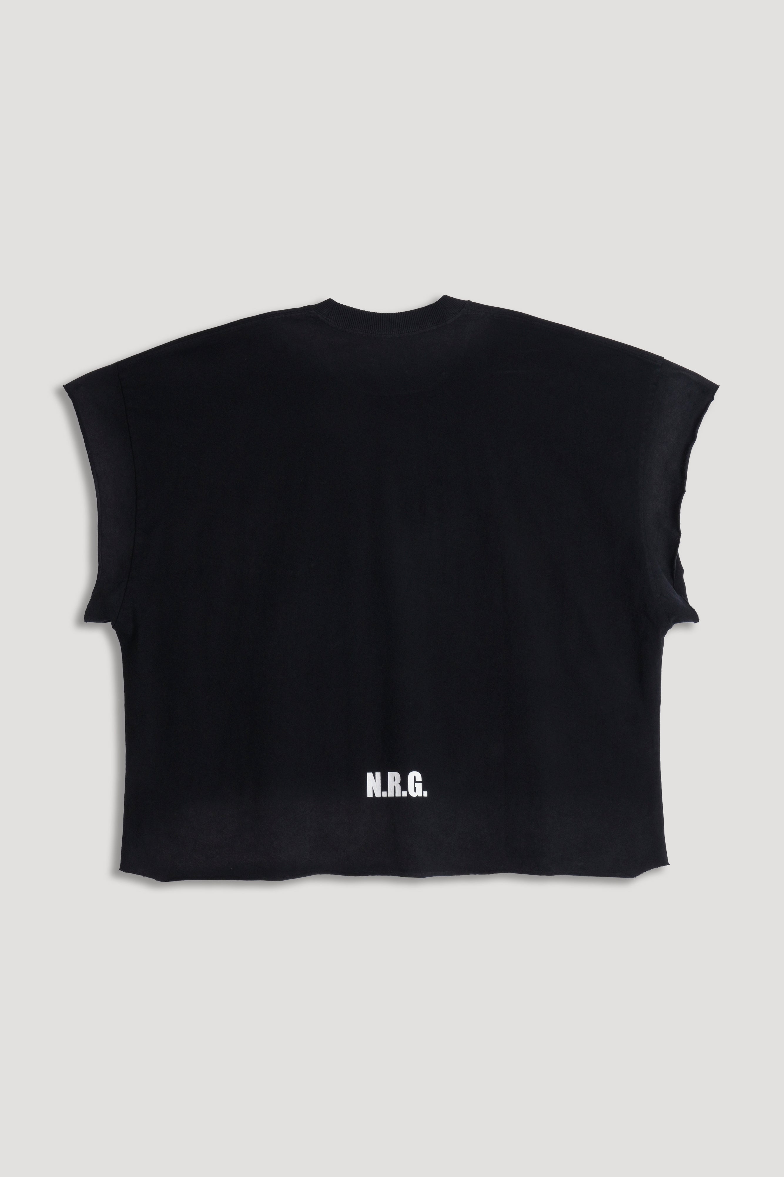 N.R.G. Grunge Cut-Off Mid Length Raw Hem Tee in Black Drift Wash