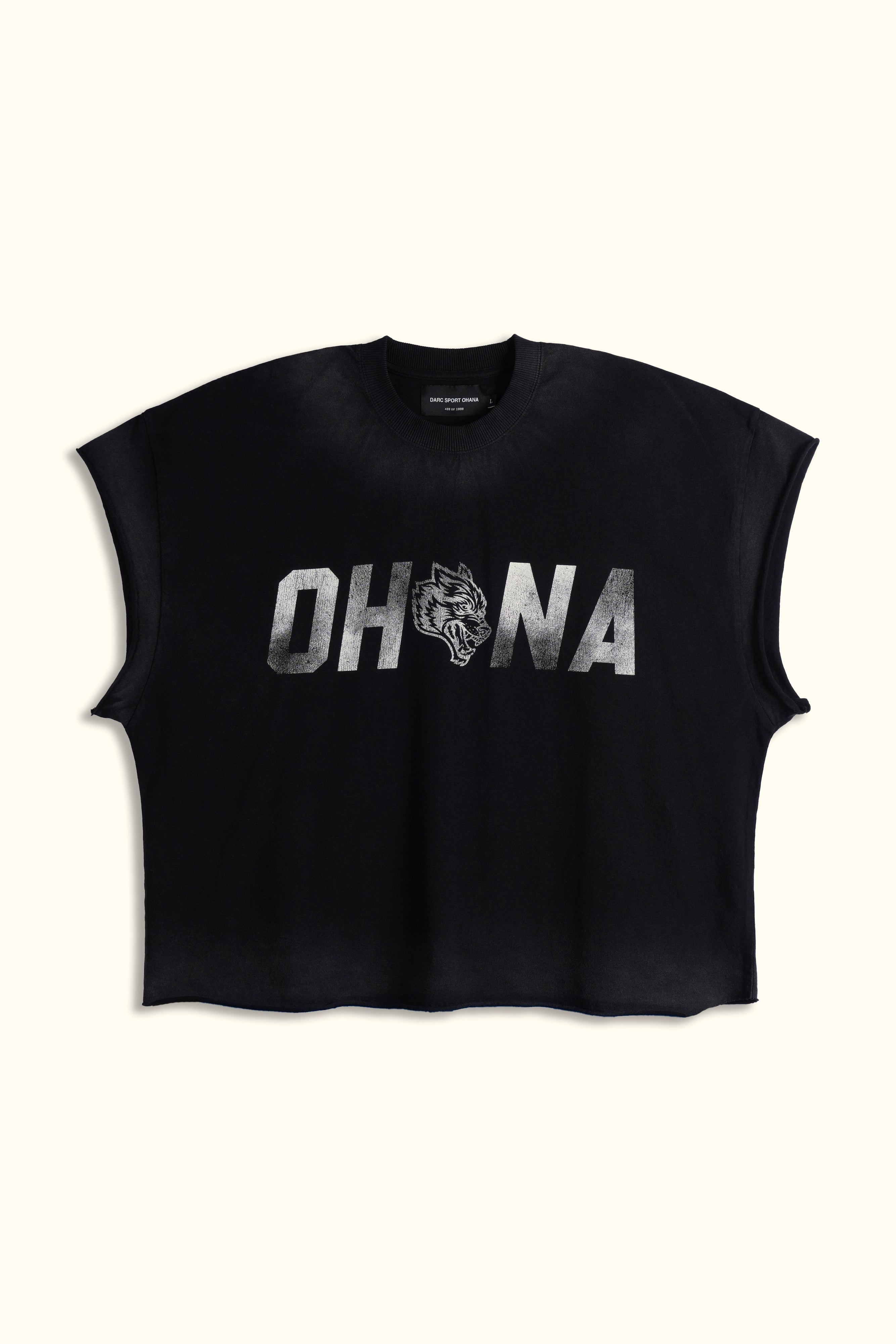 Ohana Wolf "Grunge" Cut Off Tee in Black Drift Wash