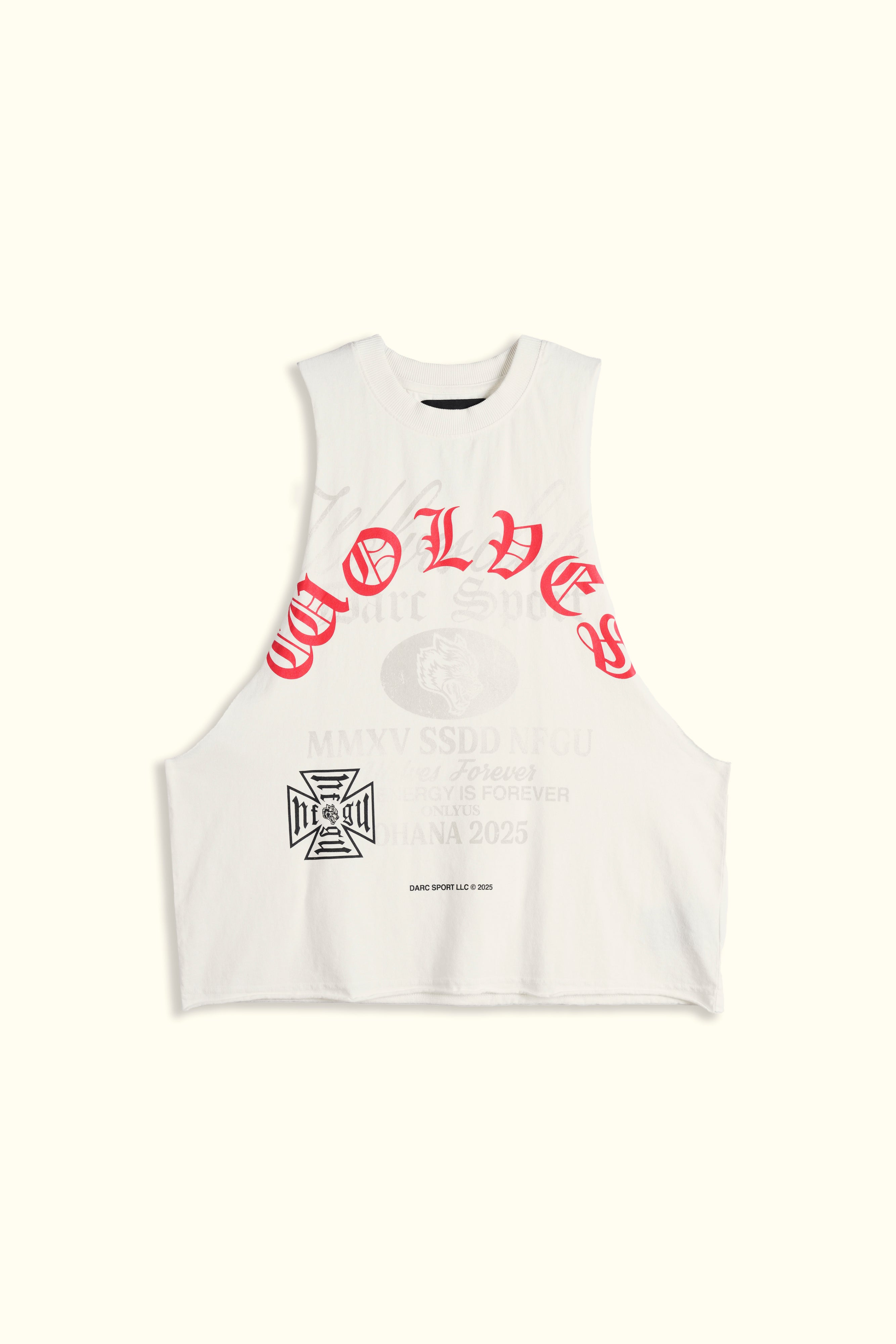 Ohana Wolves Club "Grunge" Raw Cropped Tommy Muscle Tee in Cream