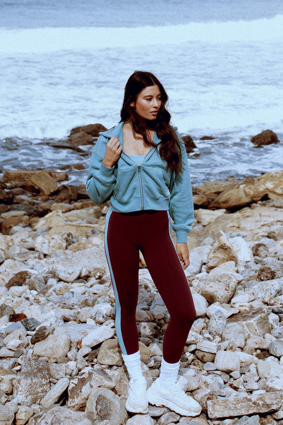 Wolf "Celine" Stripe Energy Leggings in Fig/Dusty Turquoise