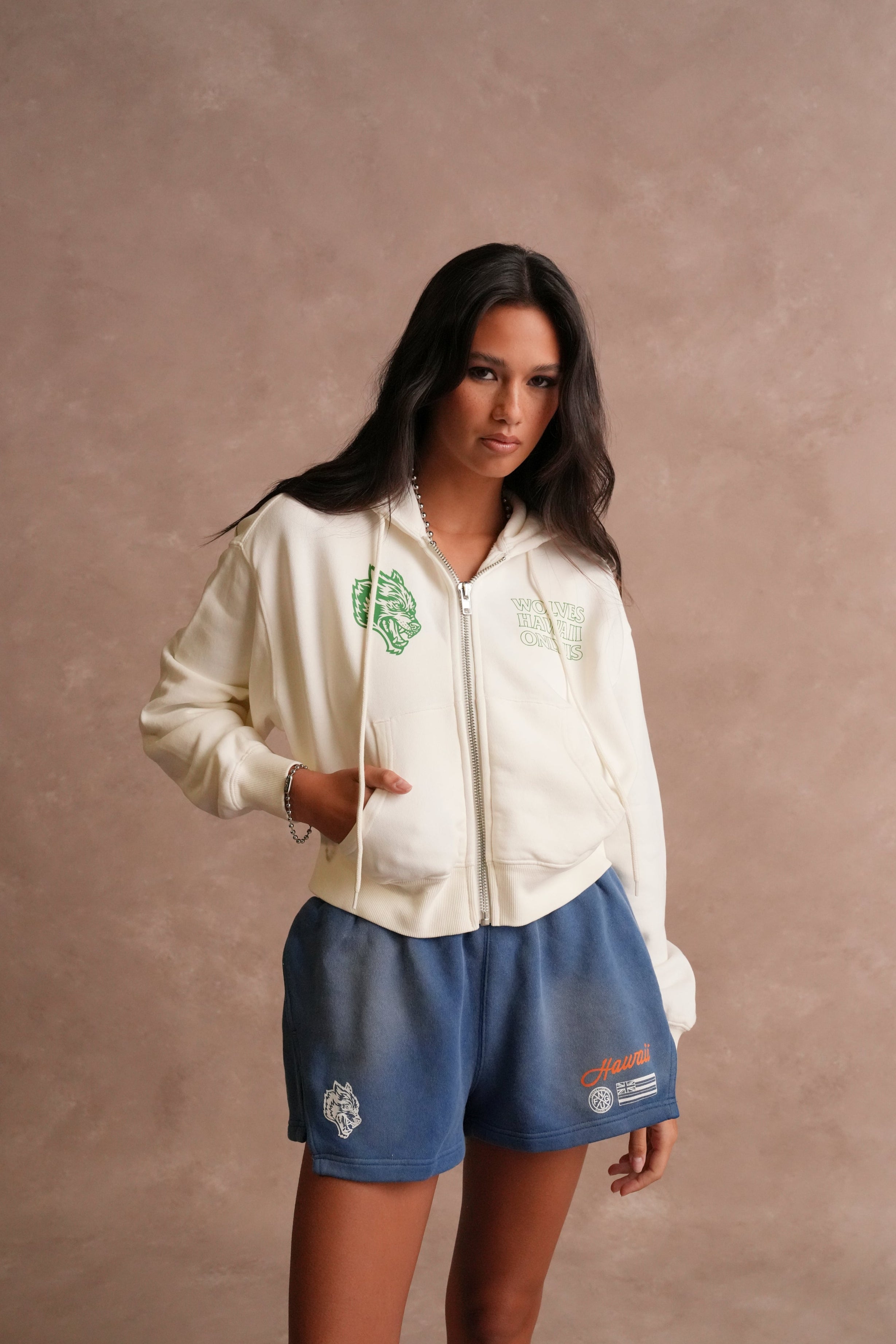 Only Us Hawaii "Sage" (Cropped) Zip Hoodie in Cream