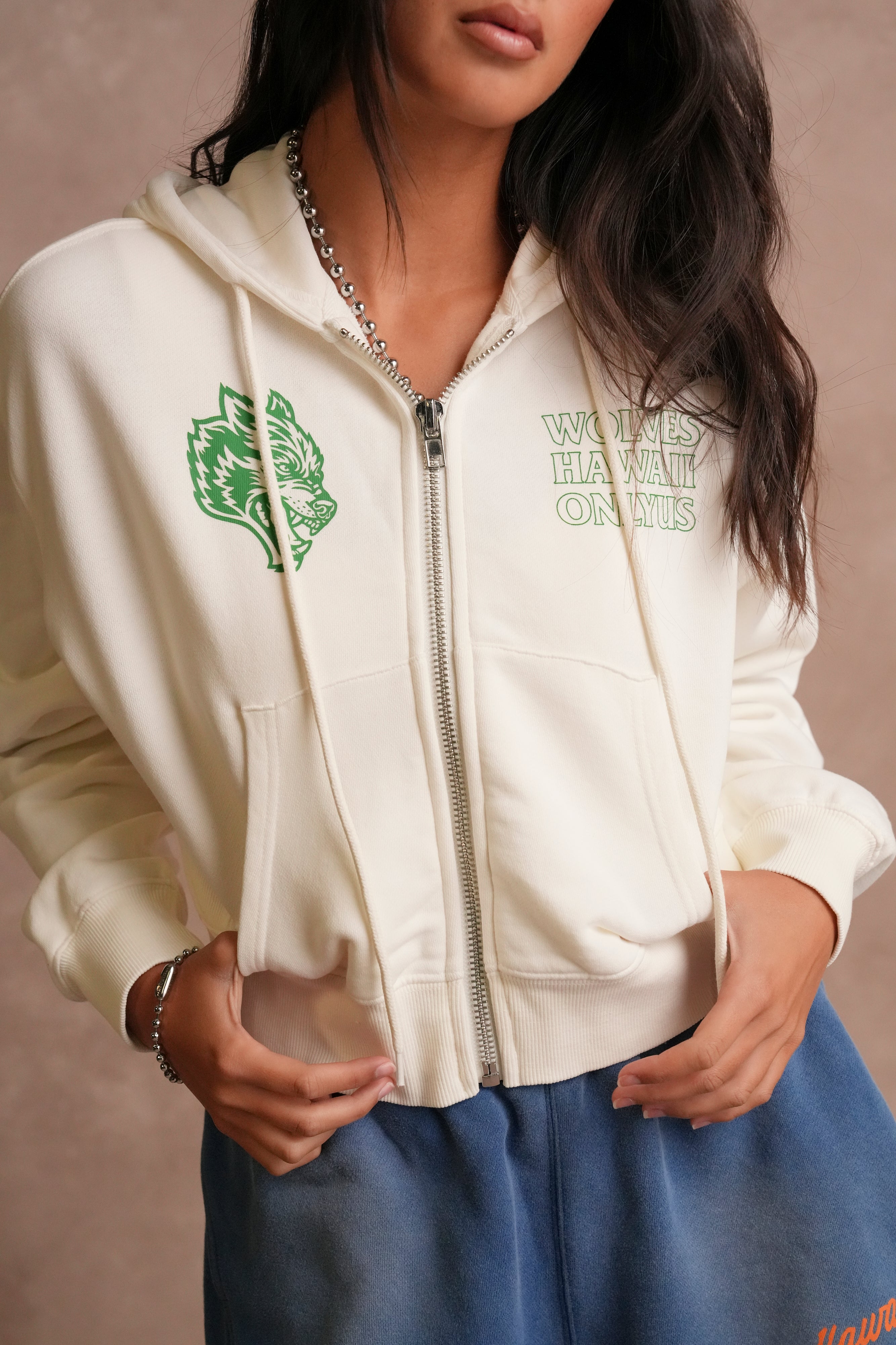 Only Us Hawaii "Sage" (Cropped) Zip Hoodie in Cream