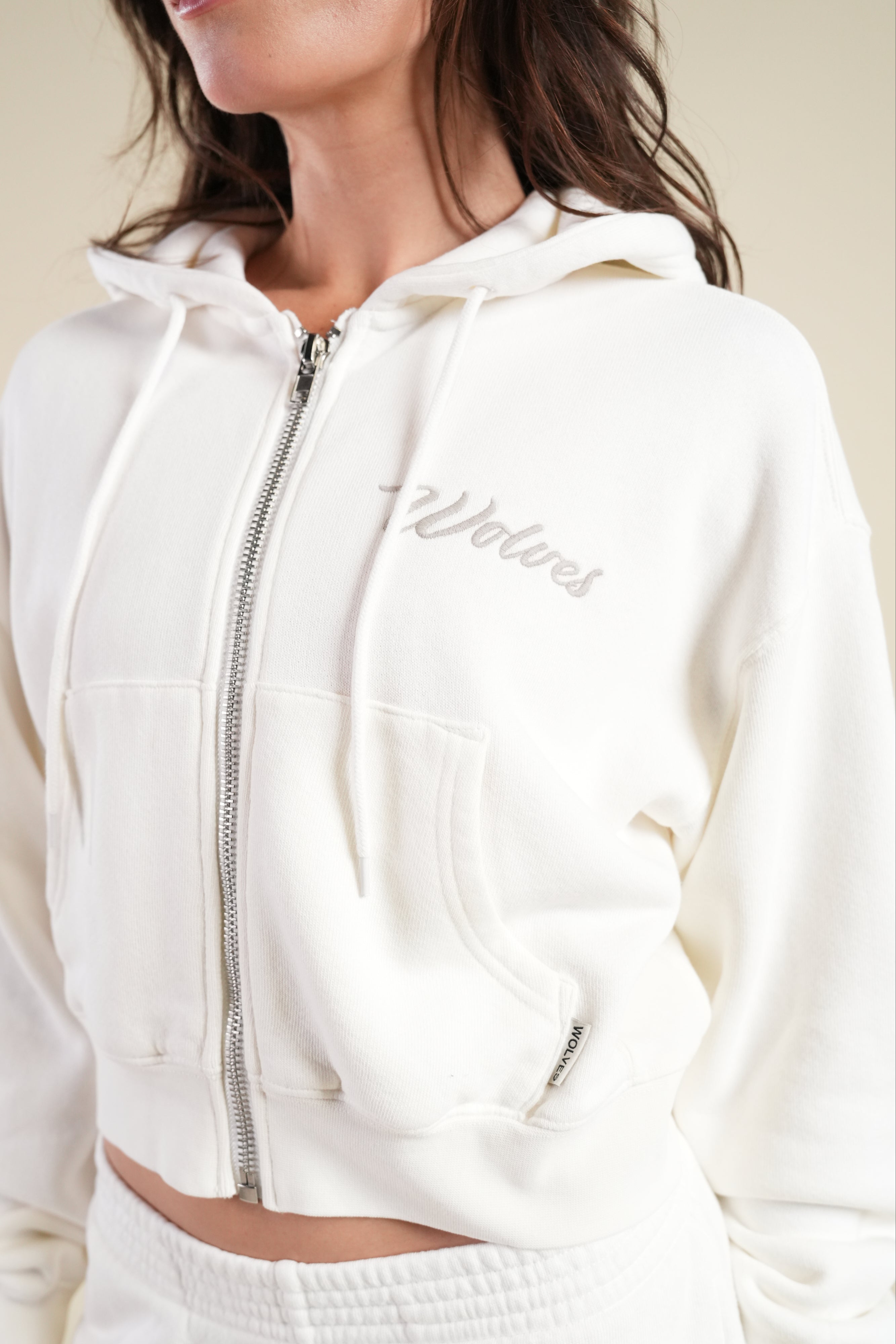 Cursive Wolves "Sage" Cropped Zip Hoodie in Cream