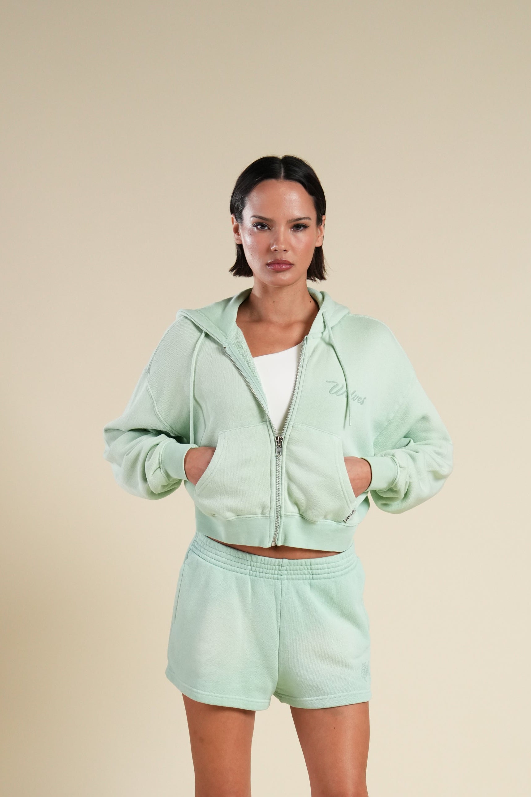 Cursive Wolves "Sage" Cropped Zip Hoodie in Honeydew Sun Fade