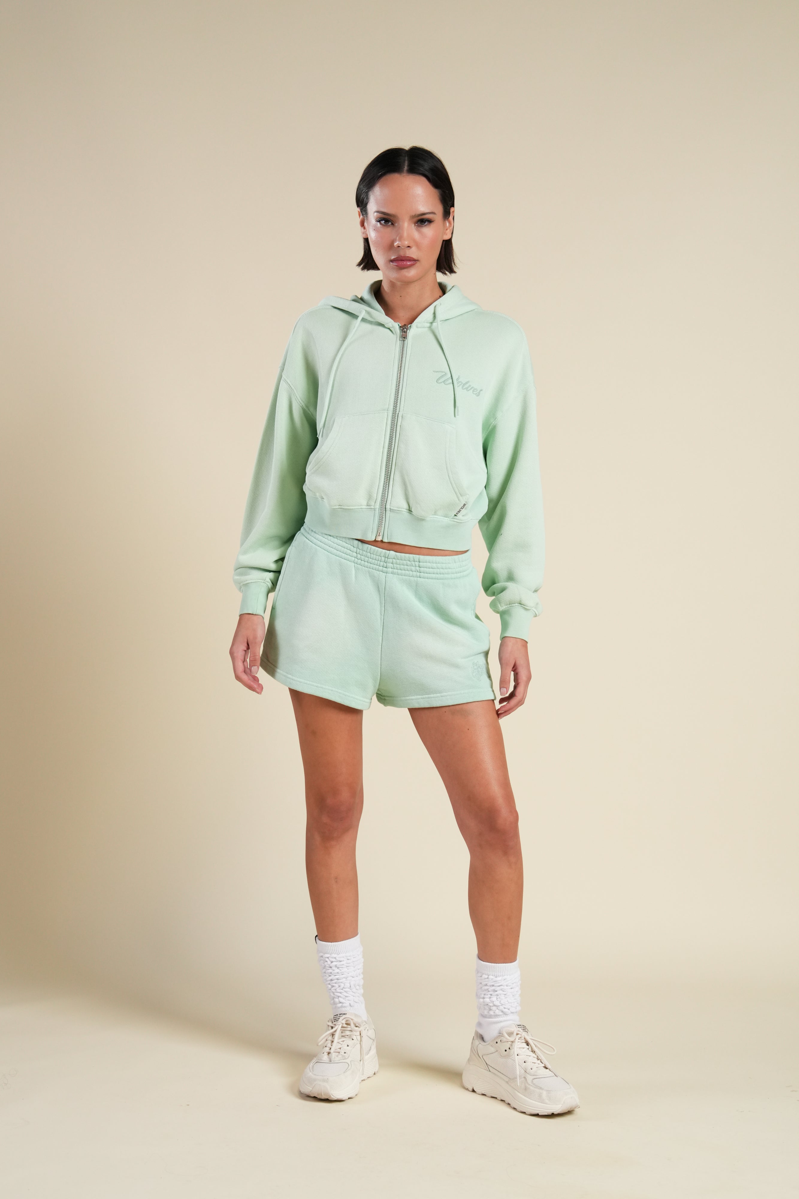 Cursive Wolves "Sage" Cropped Zip Hoodie in Honeydew Sun Fade