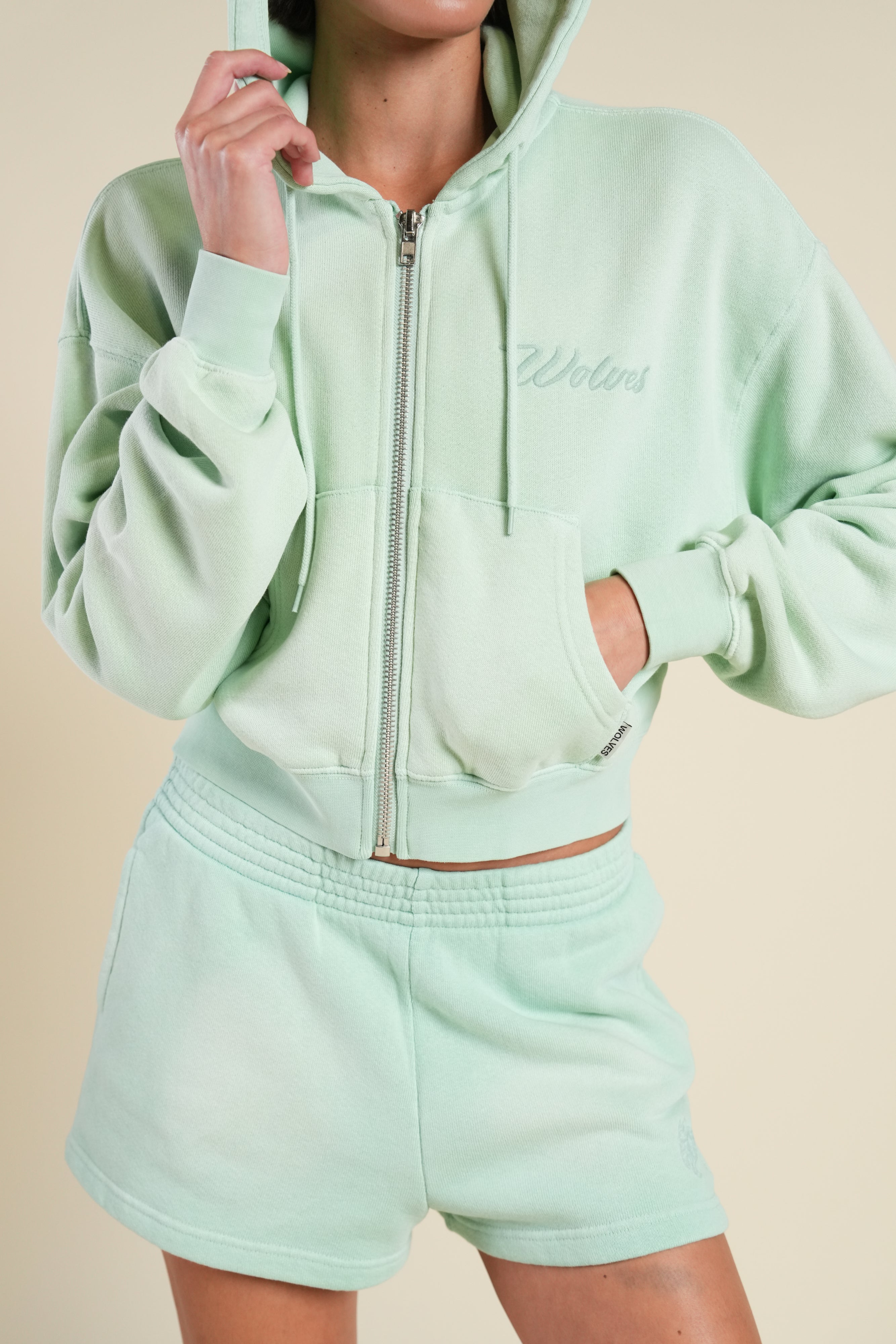 Cursive Wolves "Sage" Cropped Zip Hoodie in Honeydew Sun Fade
