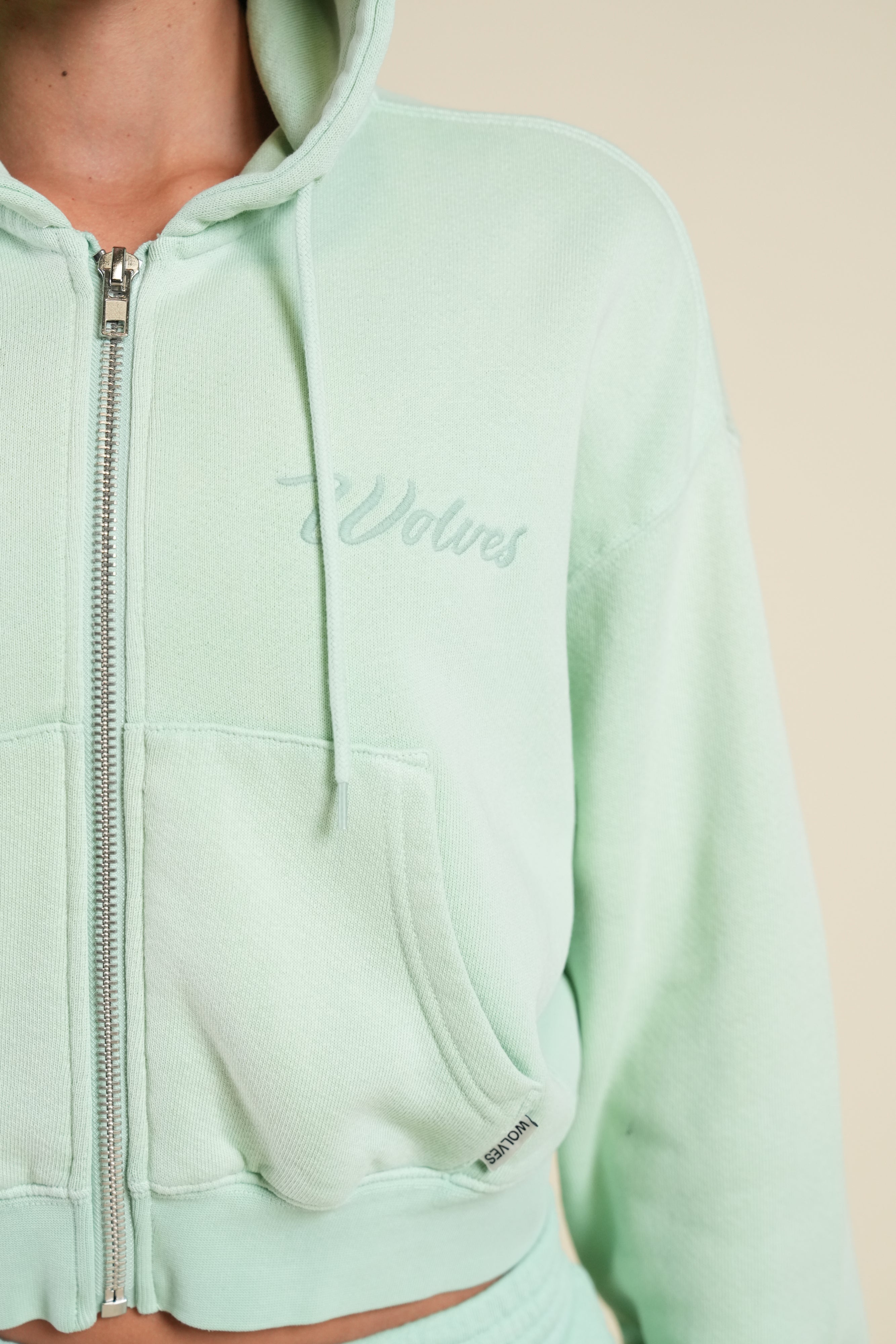 Cursive Wolves "Sage" Cropped Zip Hoodie in Honeydew Sun Fade
