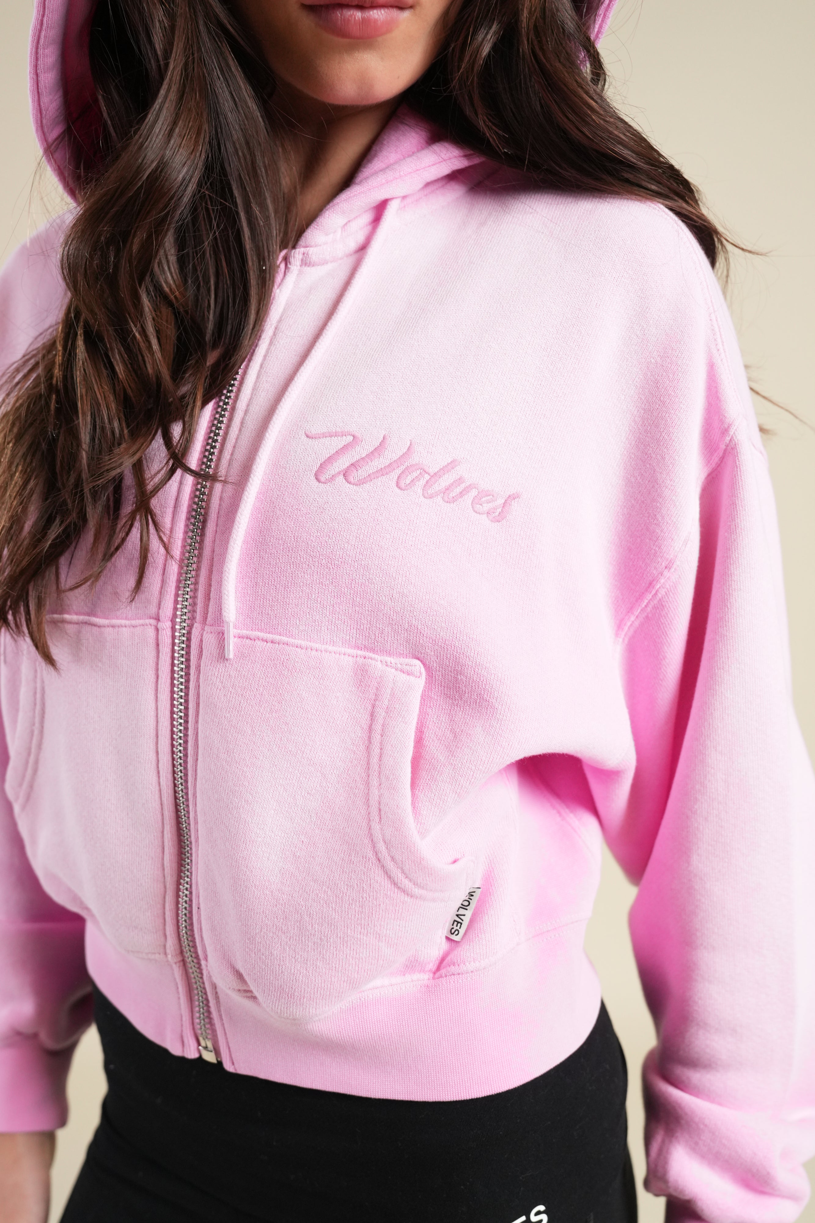 Cursive Wolves "Sage" Cropped Zip Hoodie in Pink Pearl Sun Fade