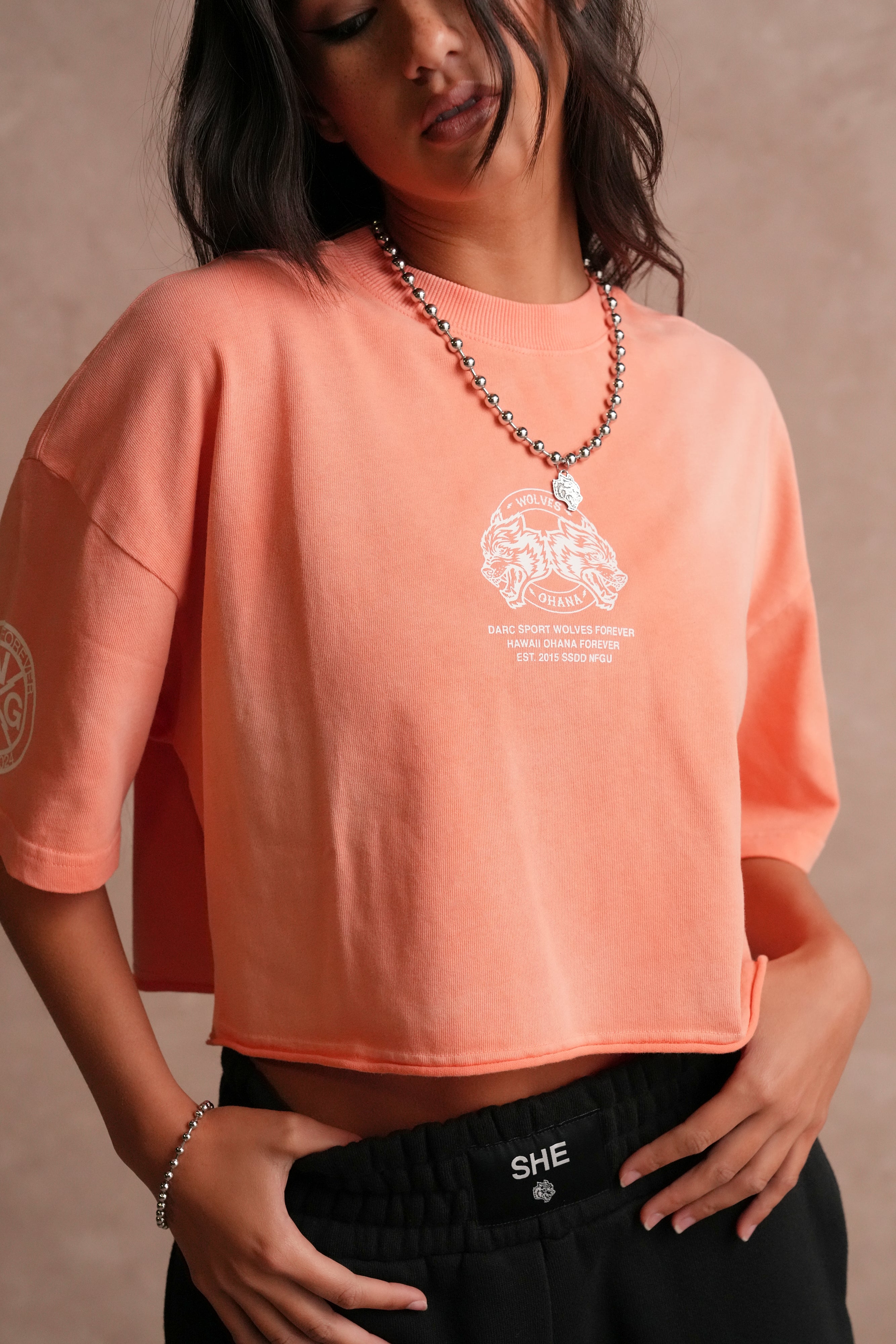 Wolves Ohana "Premium" Oversized (Cropped) Tee in Neon Coral Sun Fade