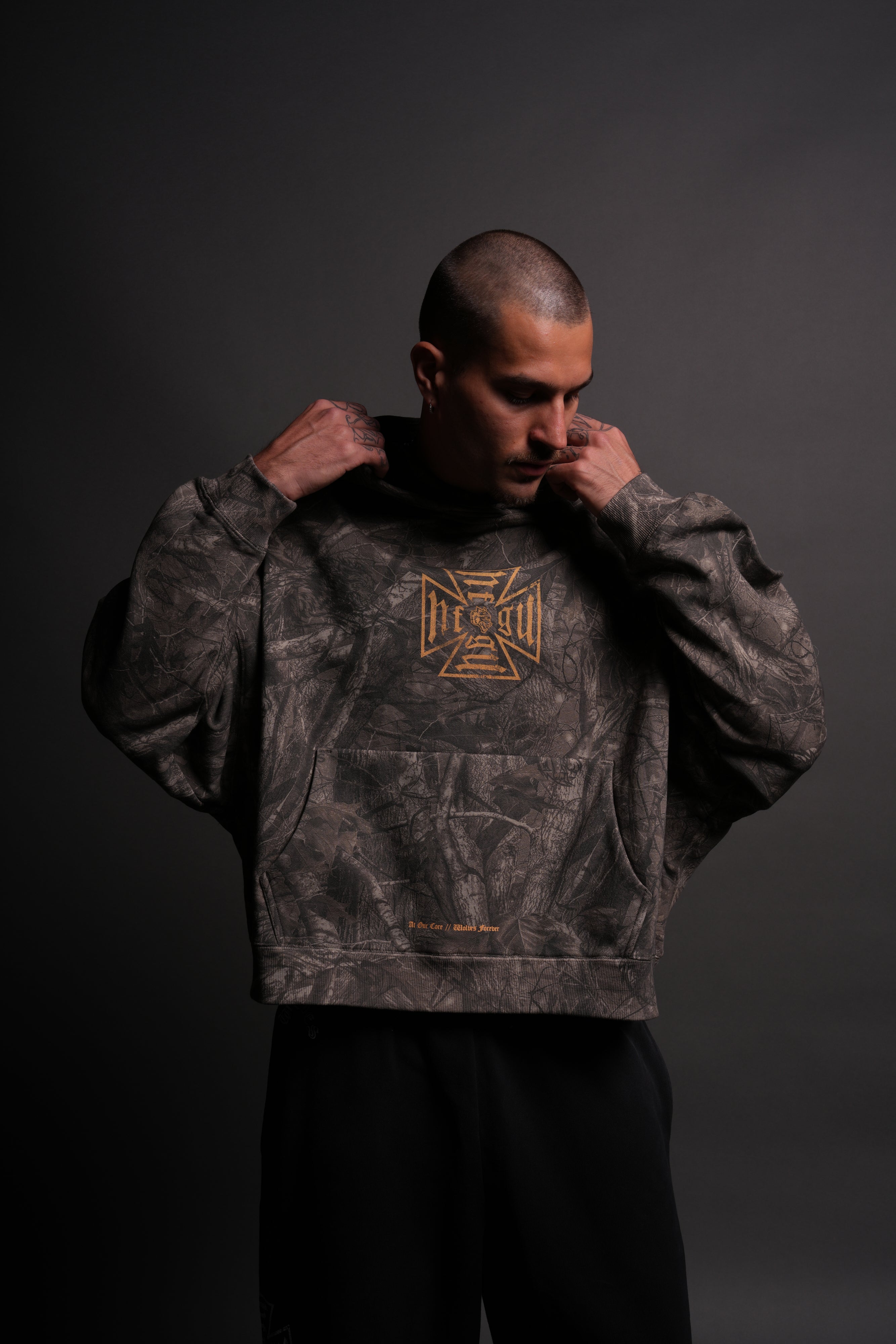 Loyal To The Core "Gage Box Cut" Grunge Hoodie in Dusk Moss Driftwood Forest Camo