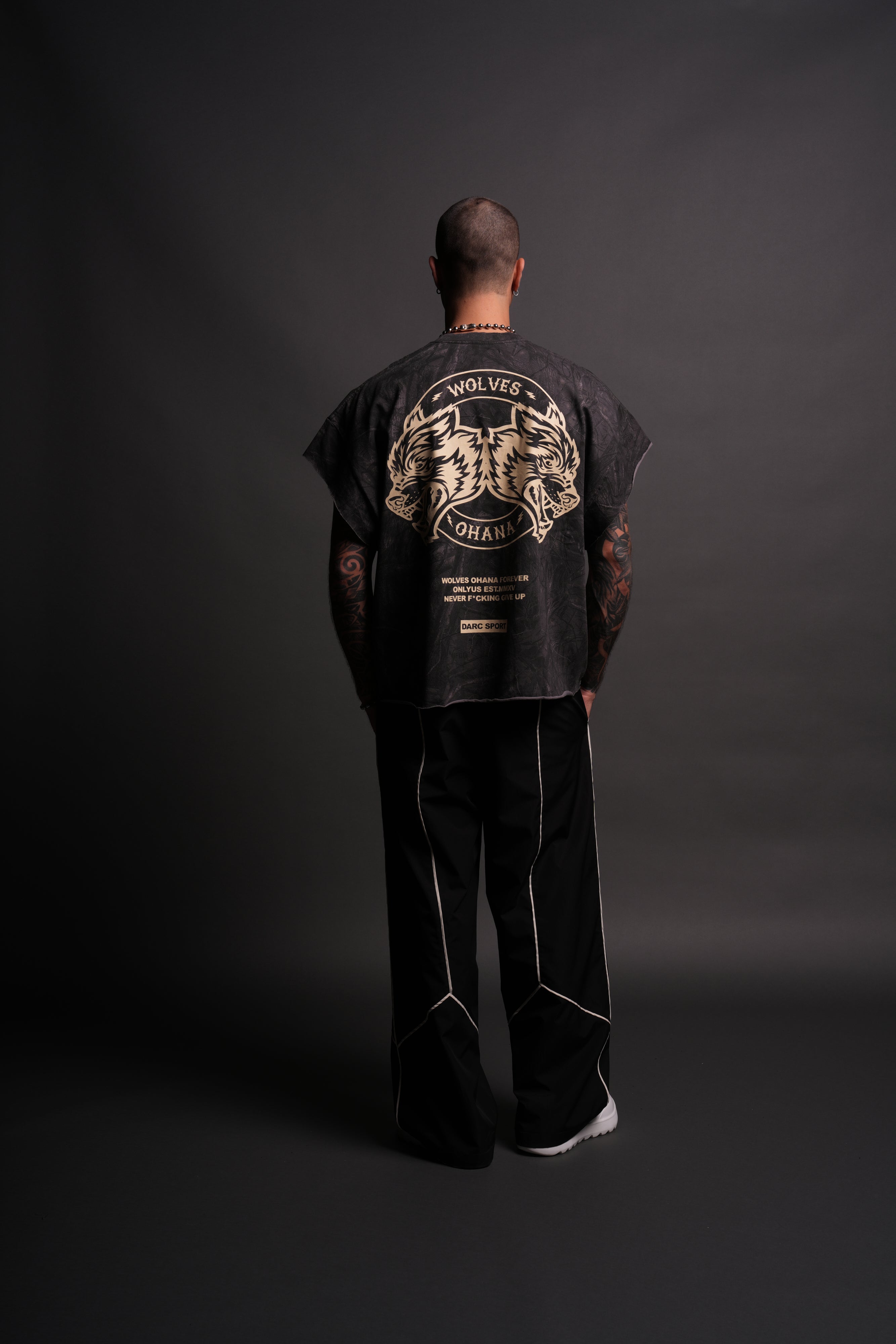 Wolves Ohana Forever "Grunge" Cut Off Tee in Darc Driftwood Forest Camo