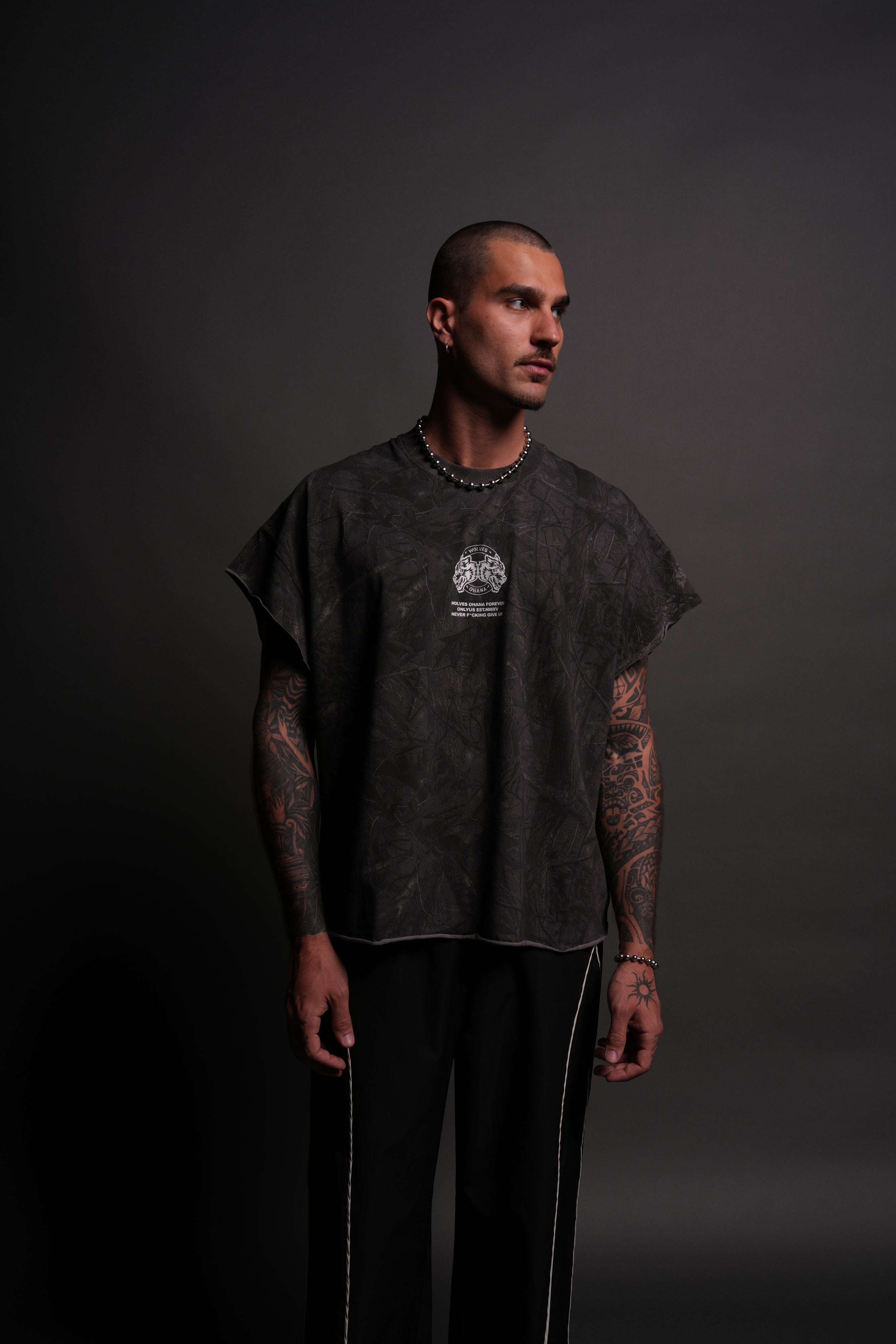 Wolves Ohana Forever "Grunge" Cut Off Tee in Darc Driftwood Forest Camo