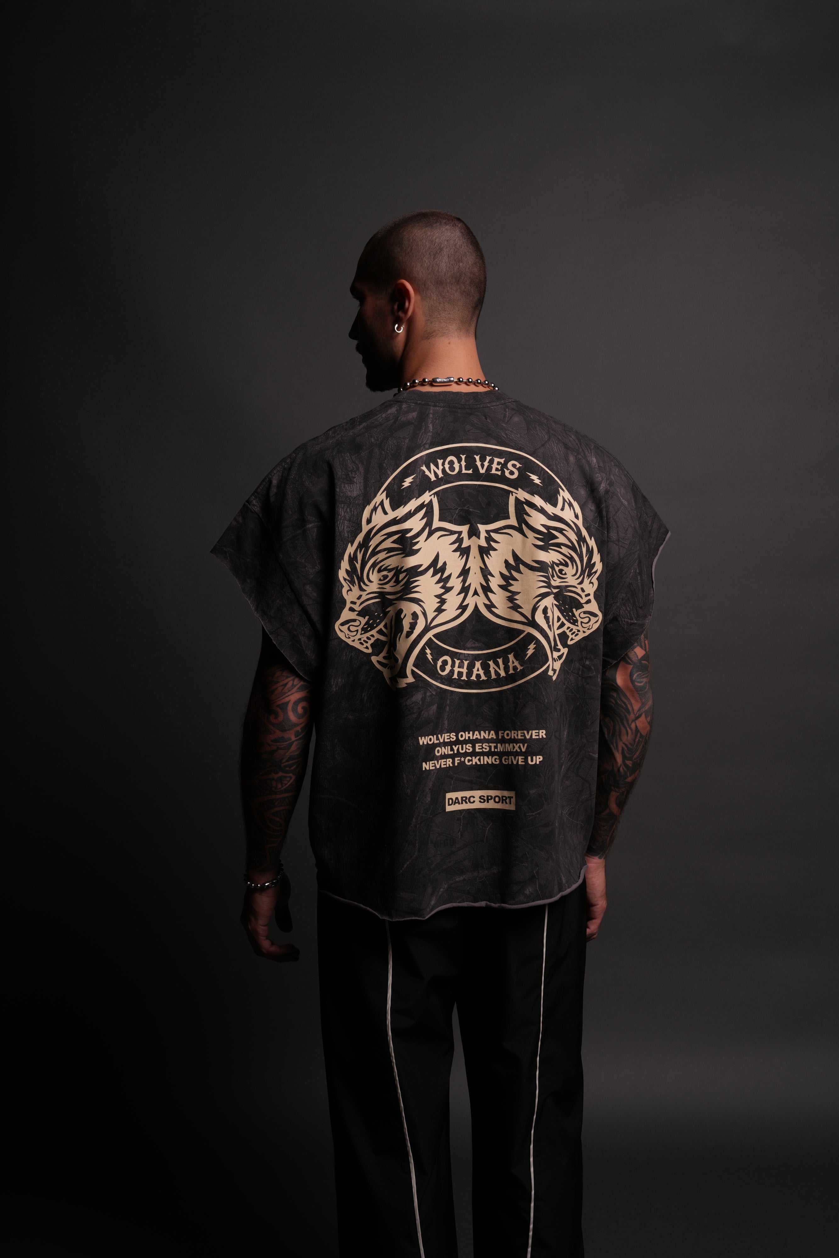 Wolves Ohana Forever "Grunge" Cut Off Tee in Darc Driftwood Forest Camo