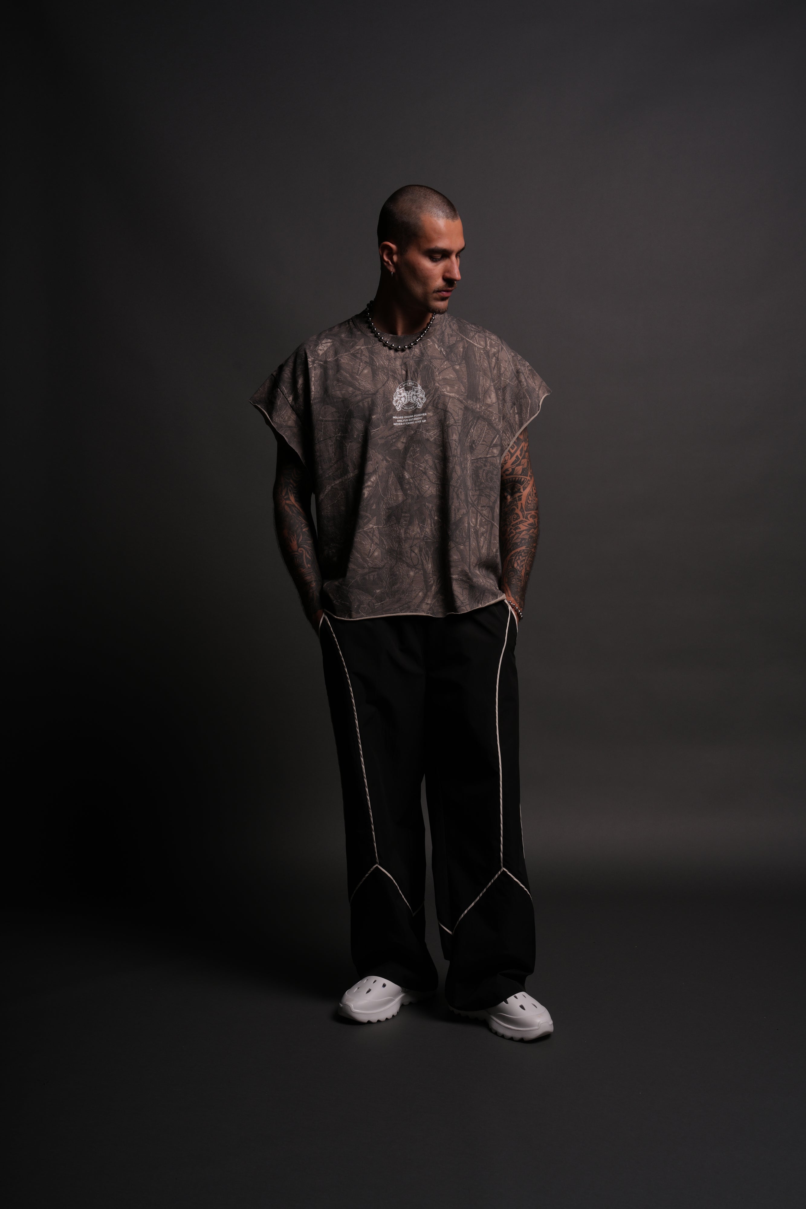 Wolves Ohana Forever "Grunge" Cut Off Tee in Dusk Moss Driftwood Forest Camo