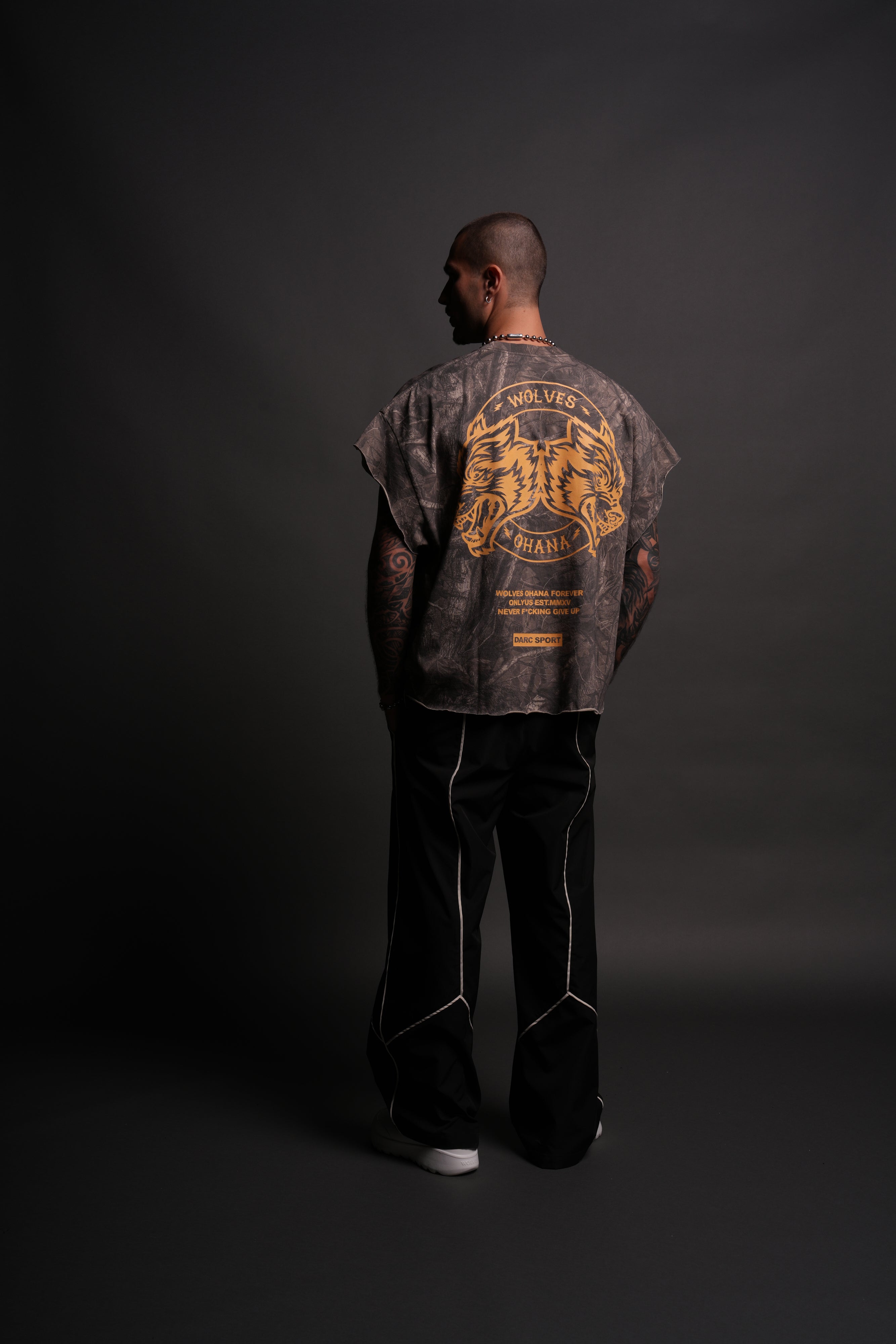 Wolves Ohana Forever "Grunge" Cut Off Tee in Dusk Moss Driftwood Forest Camo