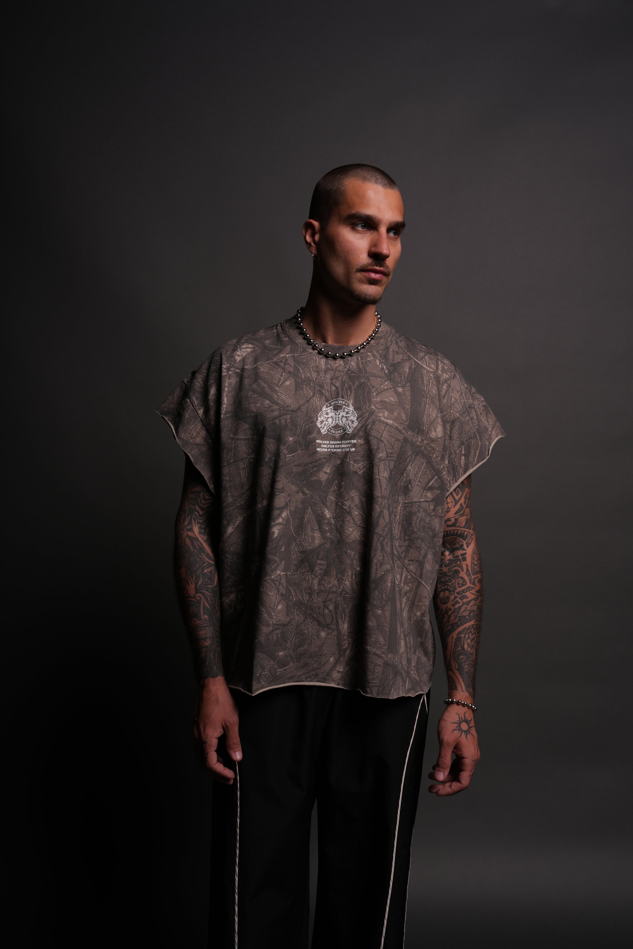 Wolves Ohana Forever "Grunge" Cut Off Tee in Dusk Moss Driftwood Forest Camo