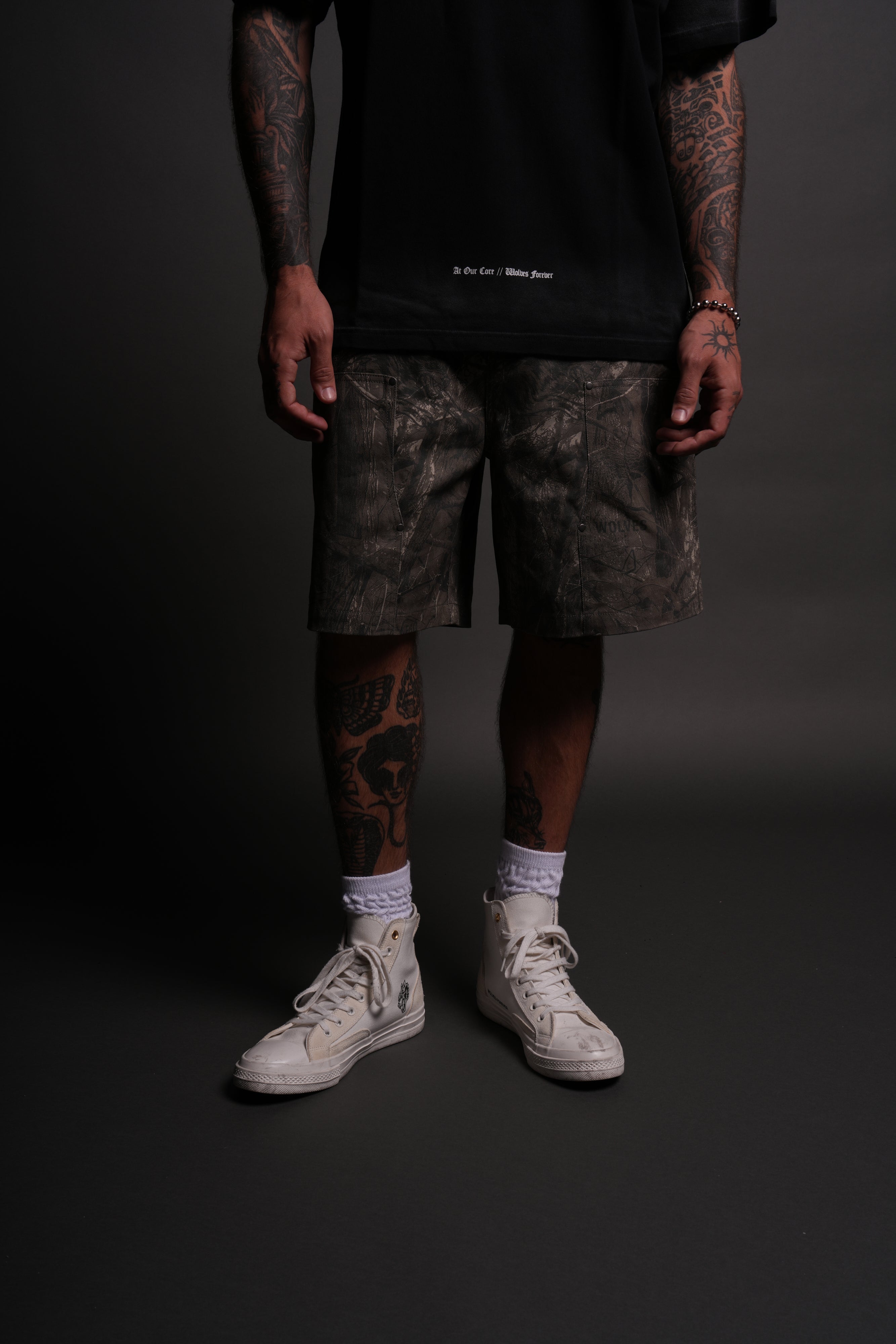 Wolf Chopper Oversized Clark Utility Shorts in Dusk Moss Driftwood Forest Camo
