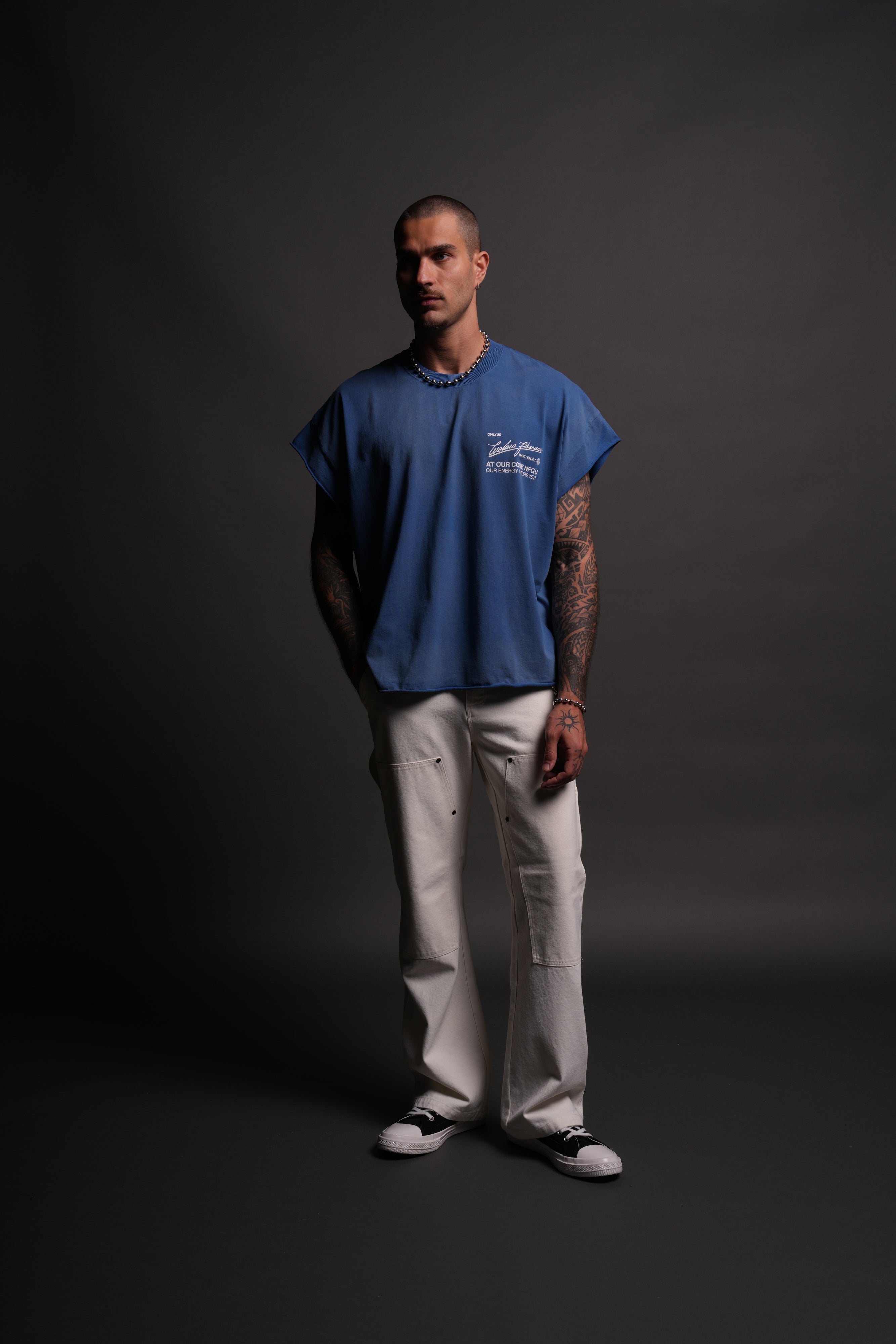 At Our Core "Grunge" Cut Off Tee in Darc Cobalt Drift Wash