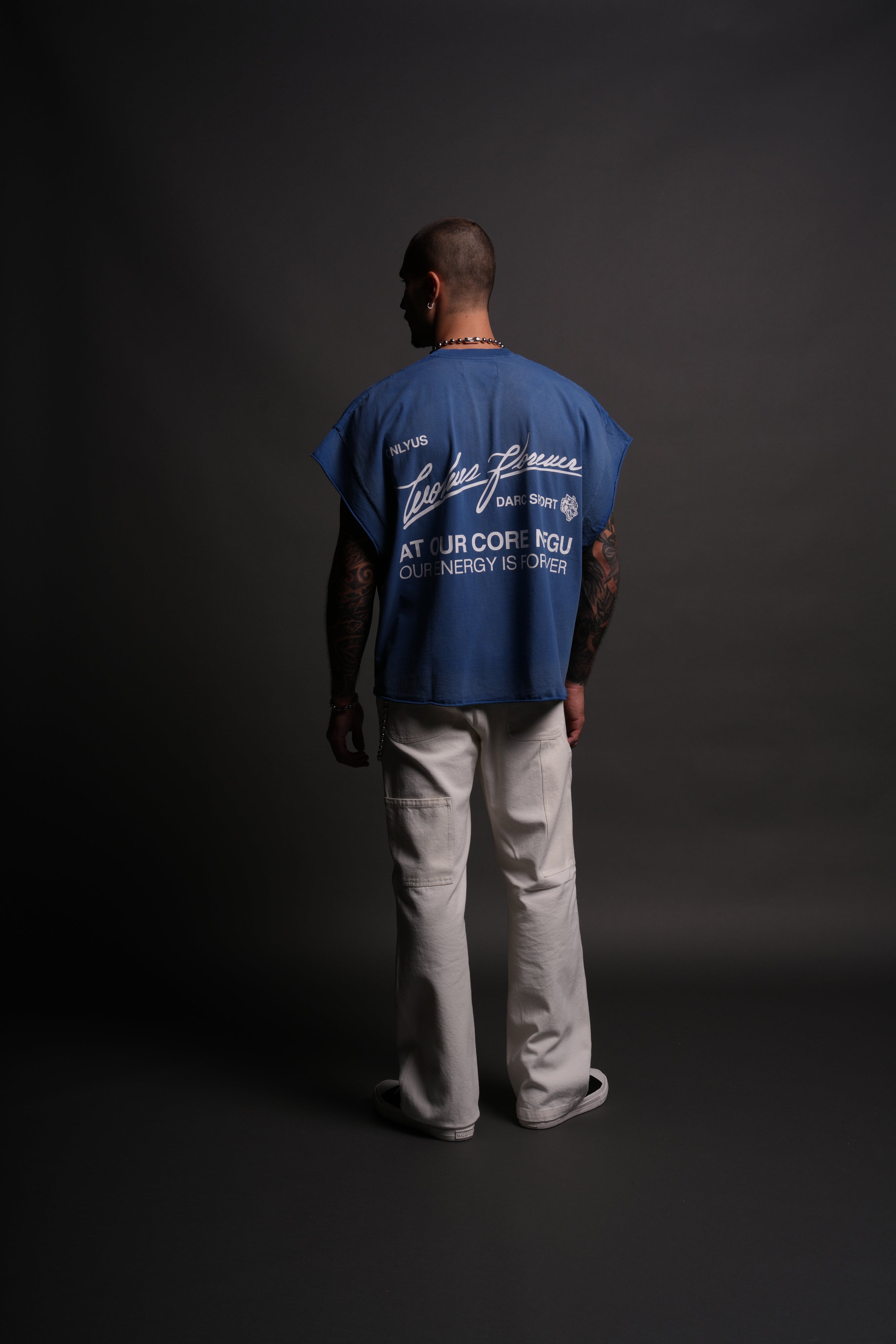 At Our Core "Grunge" Cut Off Tee in Darc Cobalt Drift Wash
