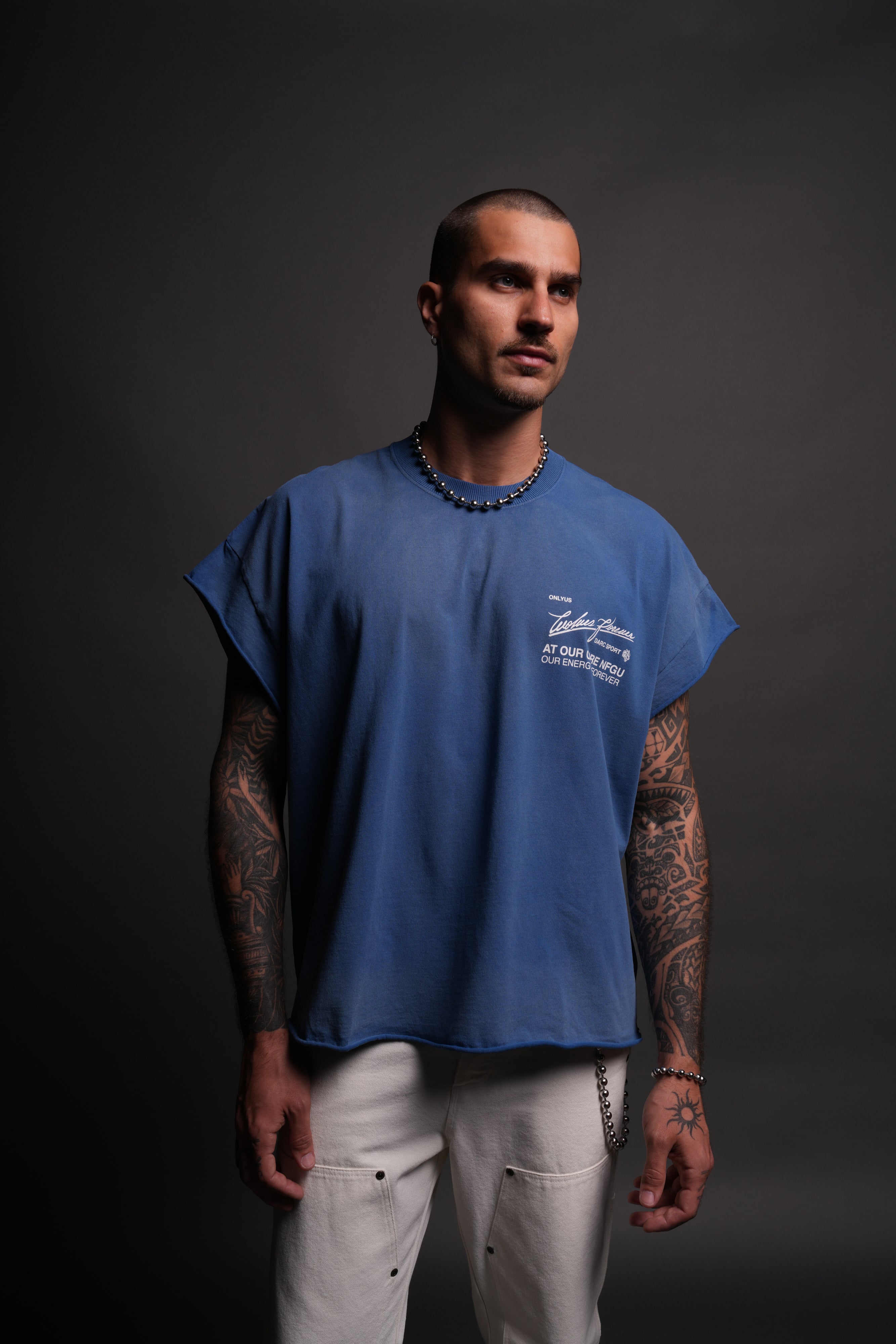 At Our Core "Grunge" Cut Off Tee in Darc Cobalt Drift Wash