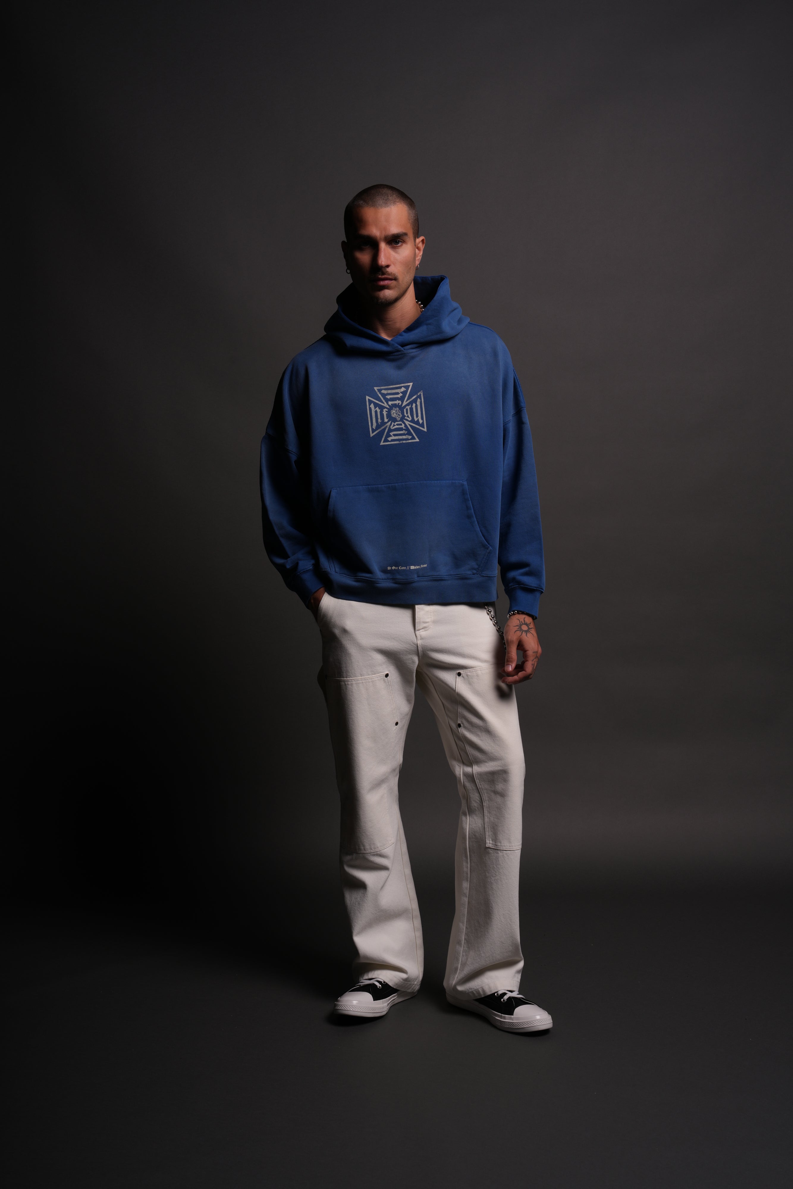 Loyal To The Core "Gage Box Cut" Grunge Hoodie in Darc Cobalt Drift Wash