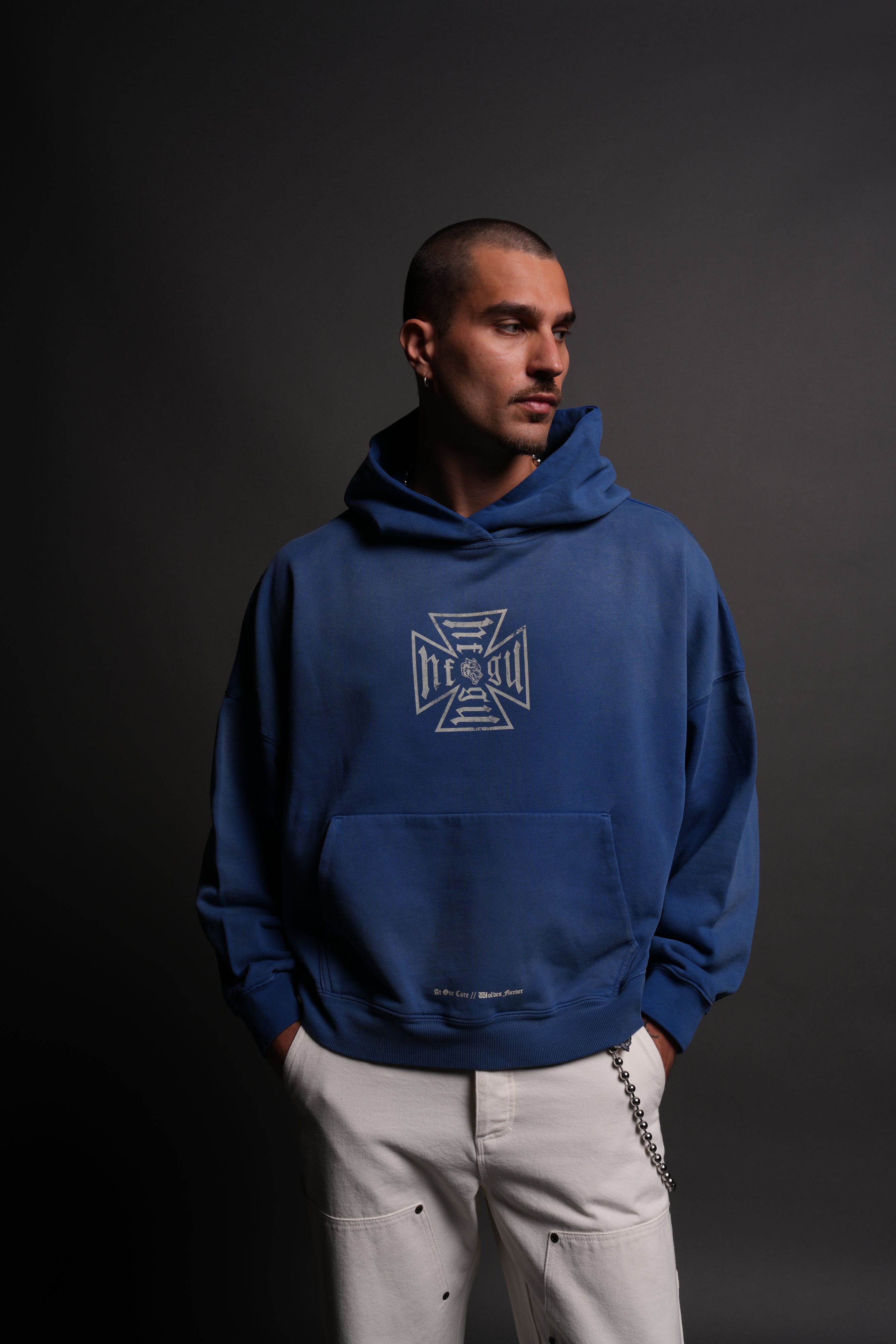 Loyal To The Core "Gage Box Cut" Grunge Hoodie in Darc Cobalt Drift Wash