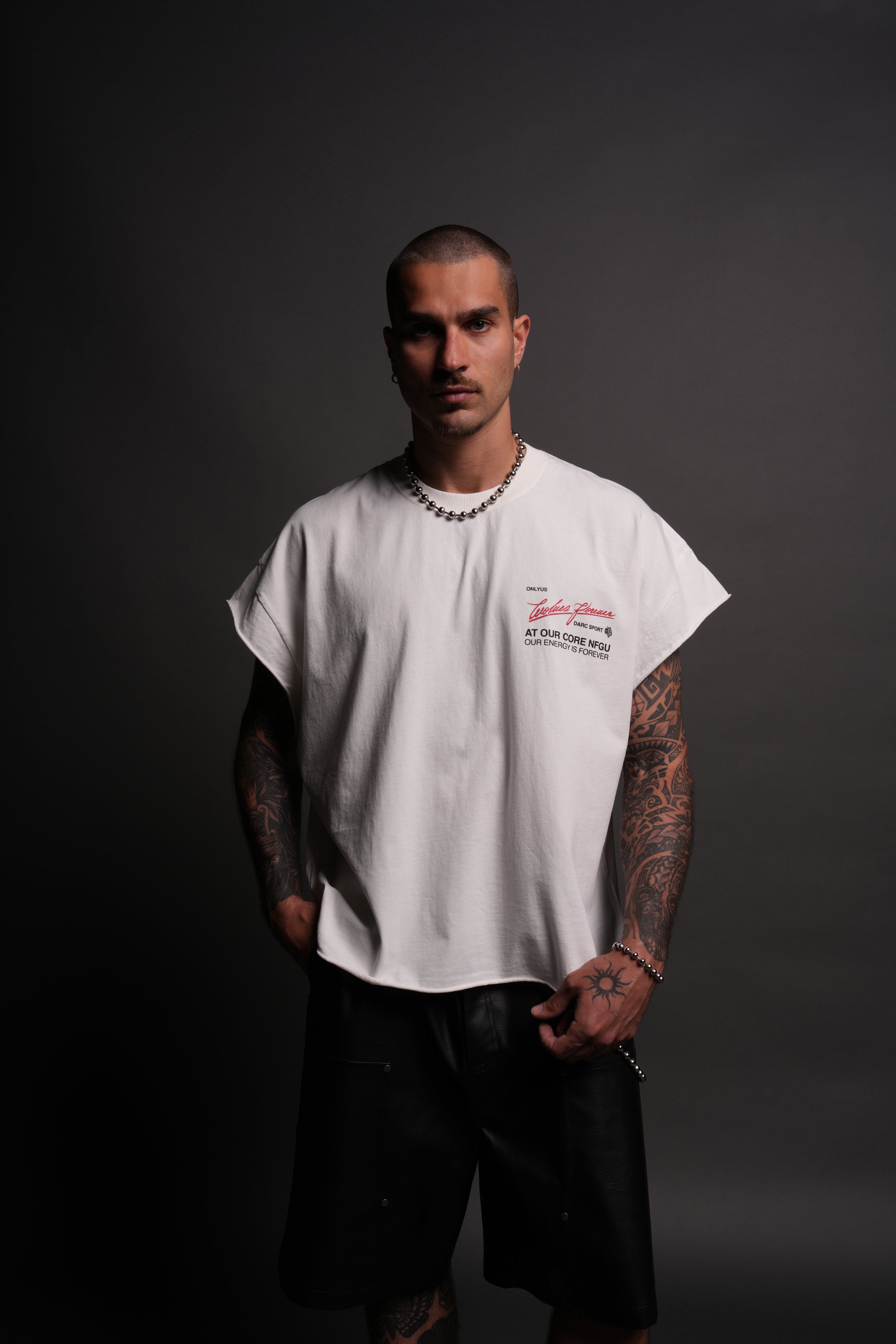 At Our Core "Grunge" Cut Off Tee in Cream