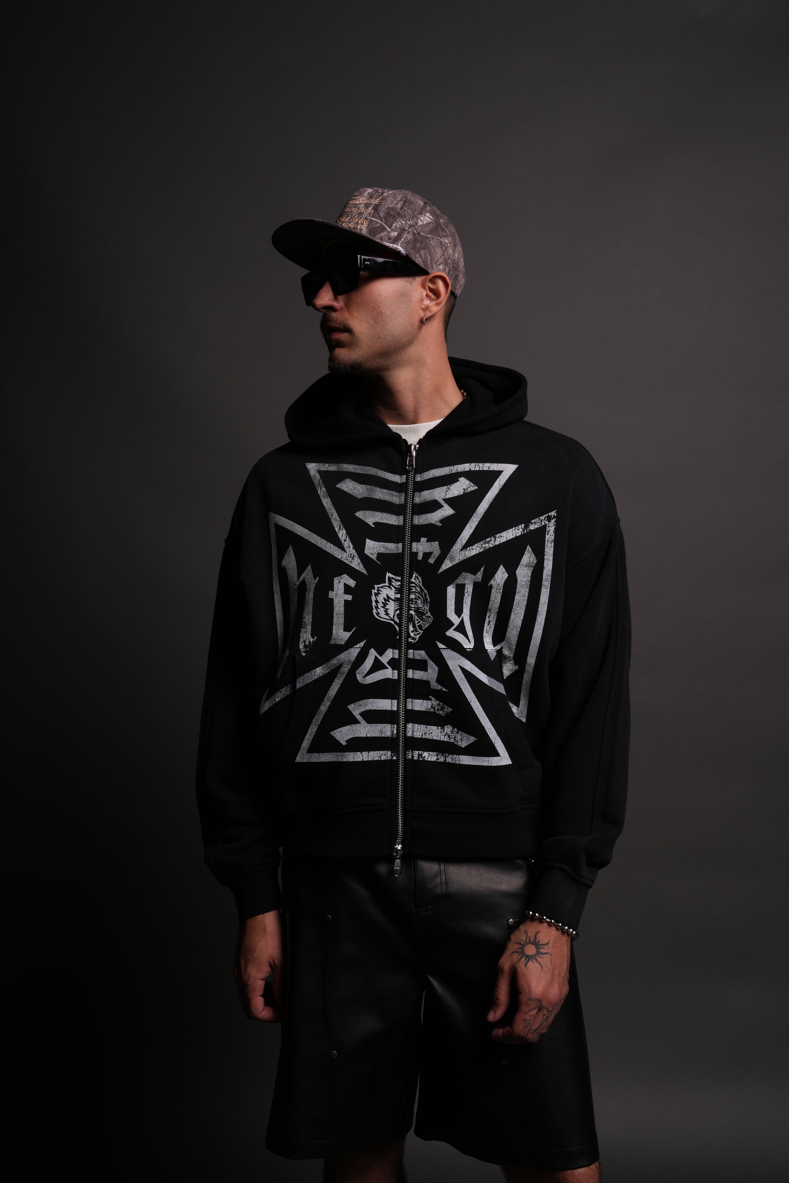 Loyal To The Core Darco Double Zip Hoodie in Black Drift Wash