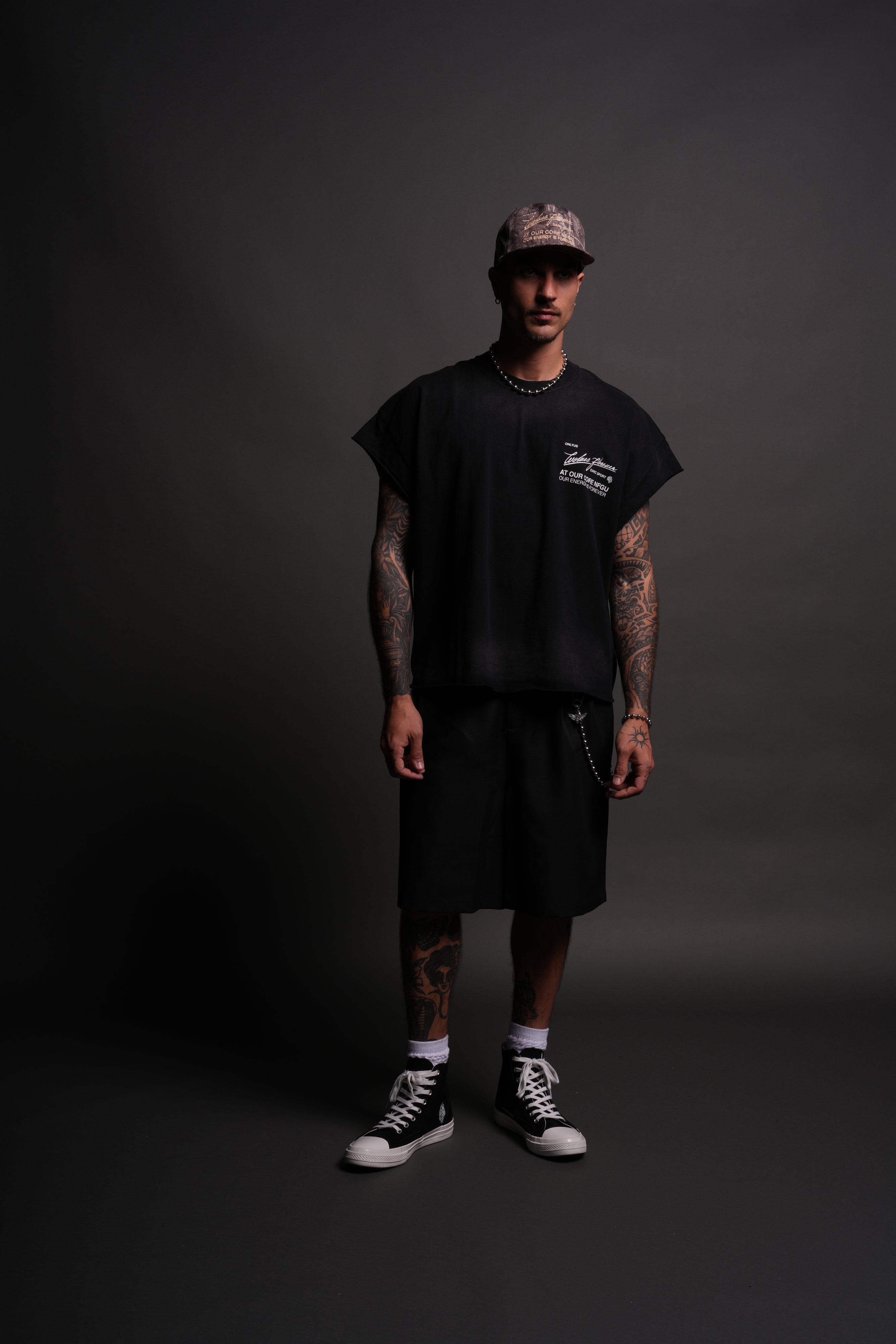 At Our Core "Grunge" Cut Off Tee in Black Drift Wash