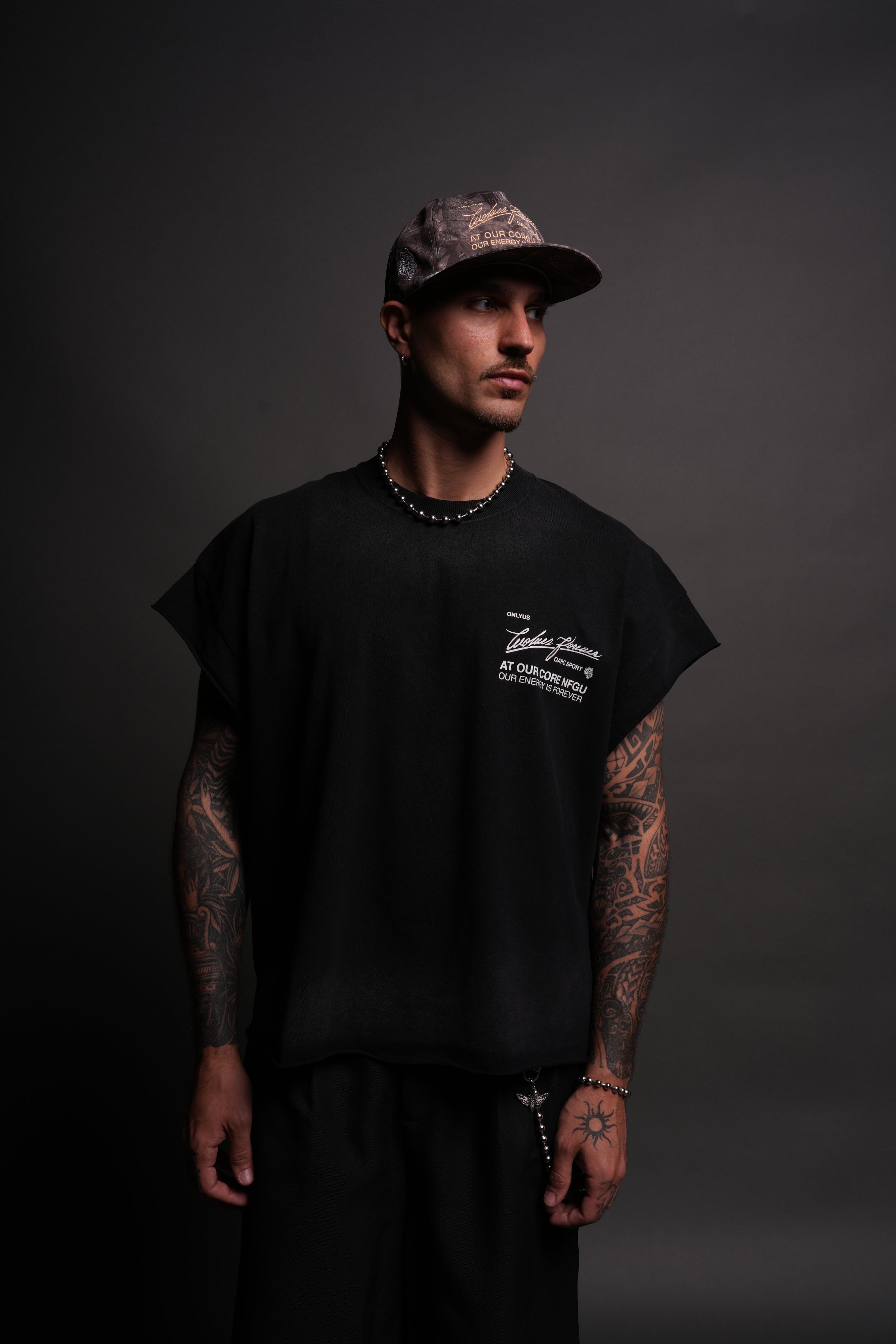 At Our Core "Grunge" Cut Off Tee in Black Drift Wash