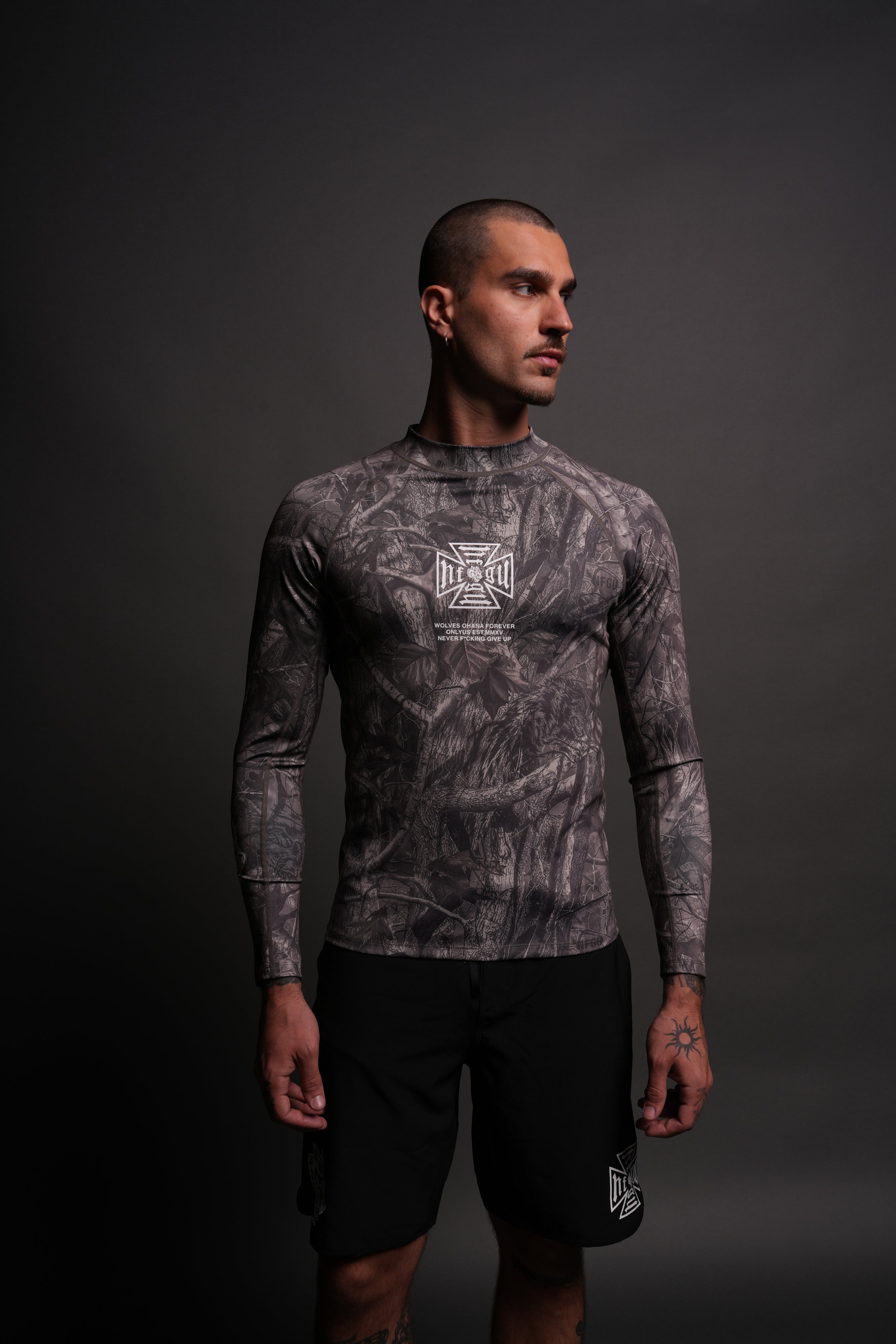 Core Rash Guard in Dusk Moss Driftwood Forest Camo