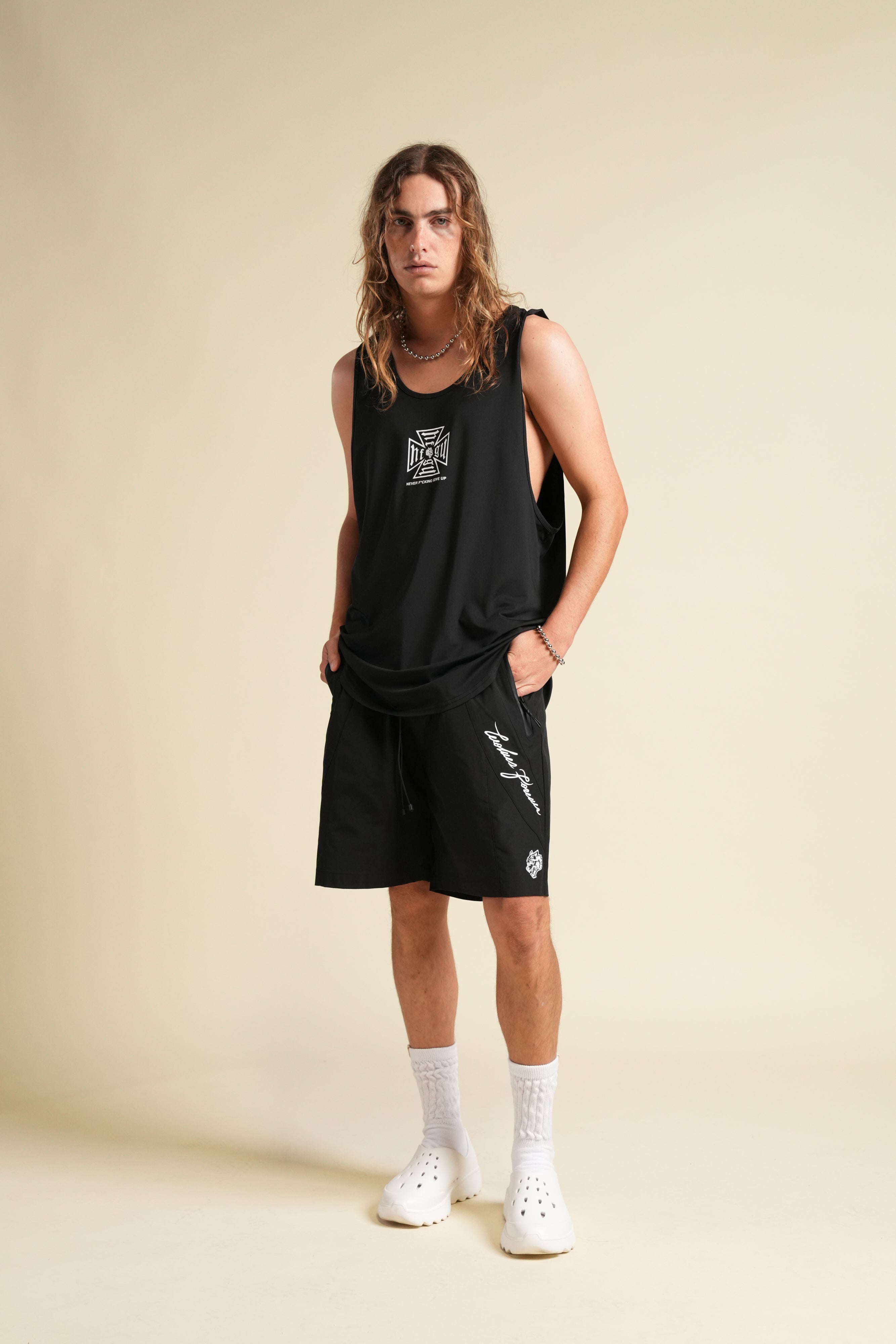 Dual WLVS FRVR Brolic Track Shorts in Black