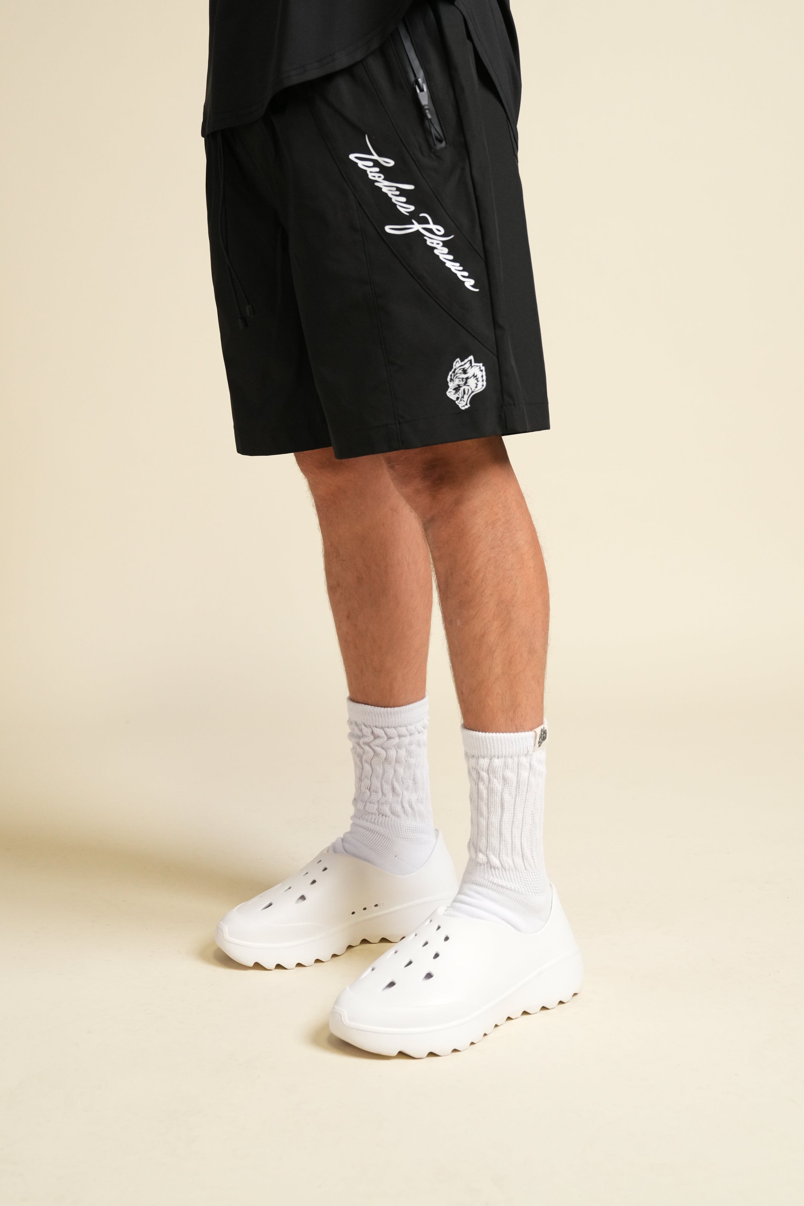 Dual WLVS FRVR Brolic Track Shorts in Black