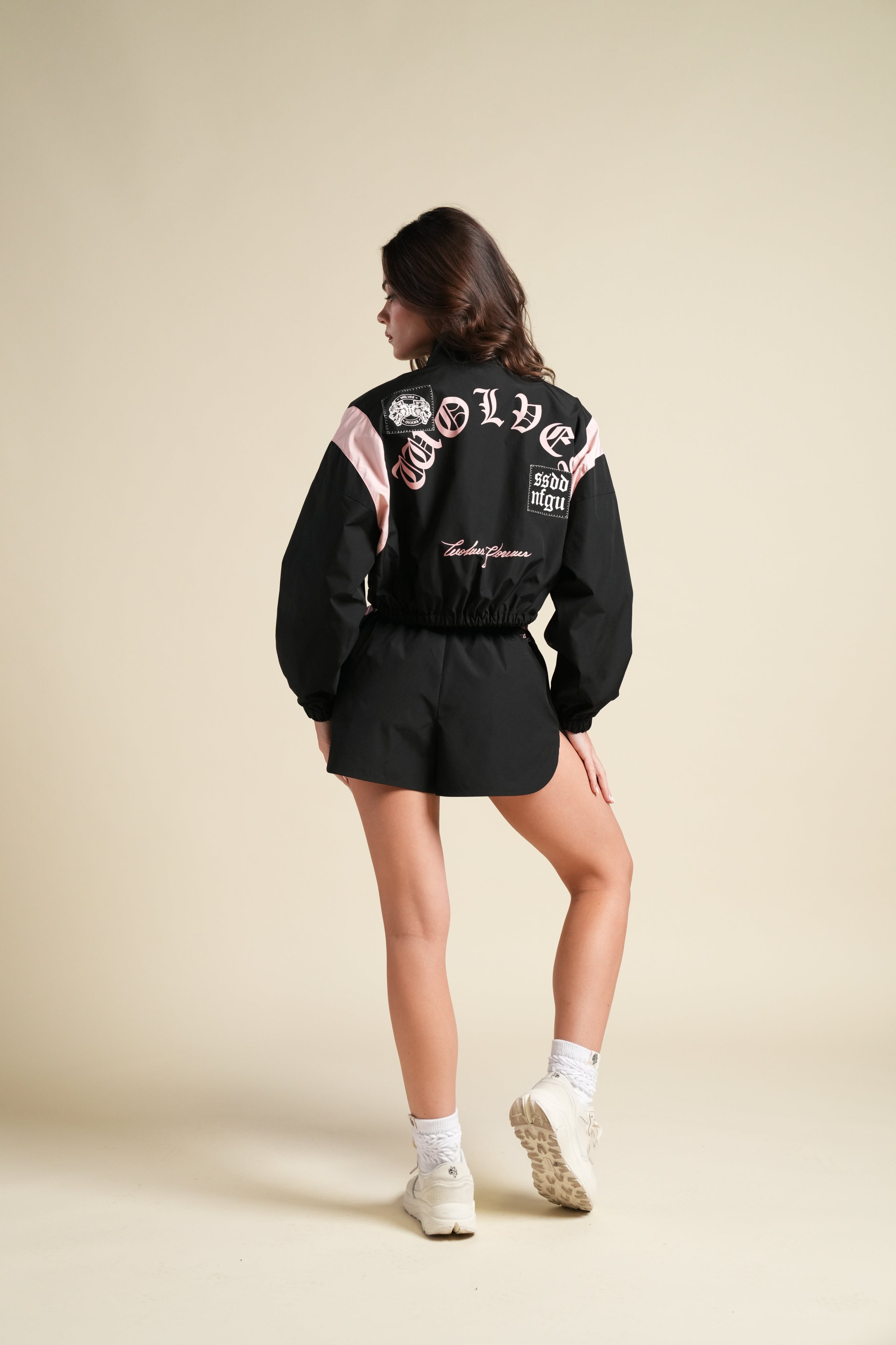 Chopper Core Applique Nadia Track Jacket in Black/Cherry Blossom