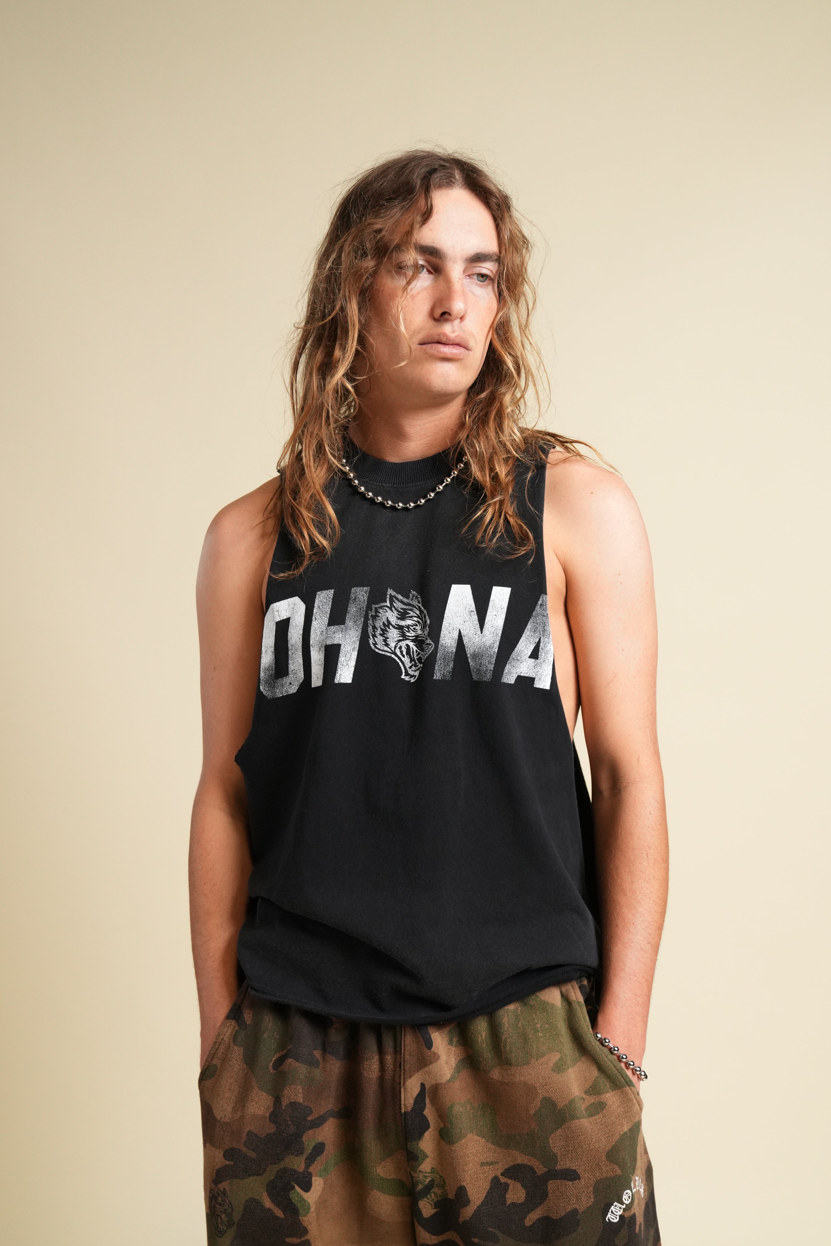 Ohana Wolf "Grunge" Raw Cropped Tommy Muscle Tee in Black Drift Wash
