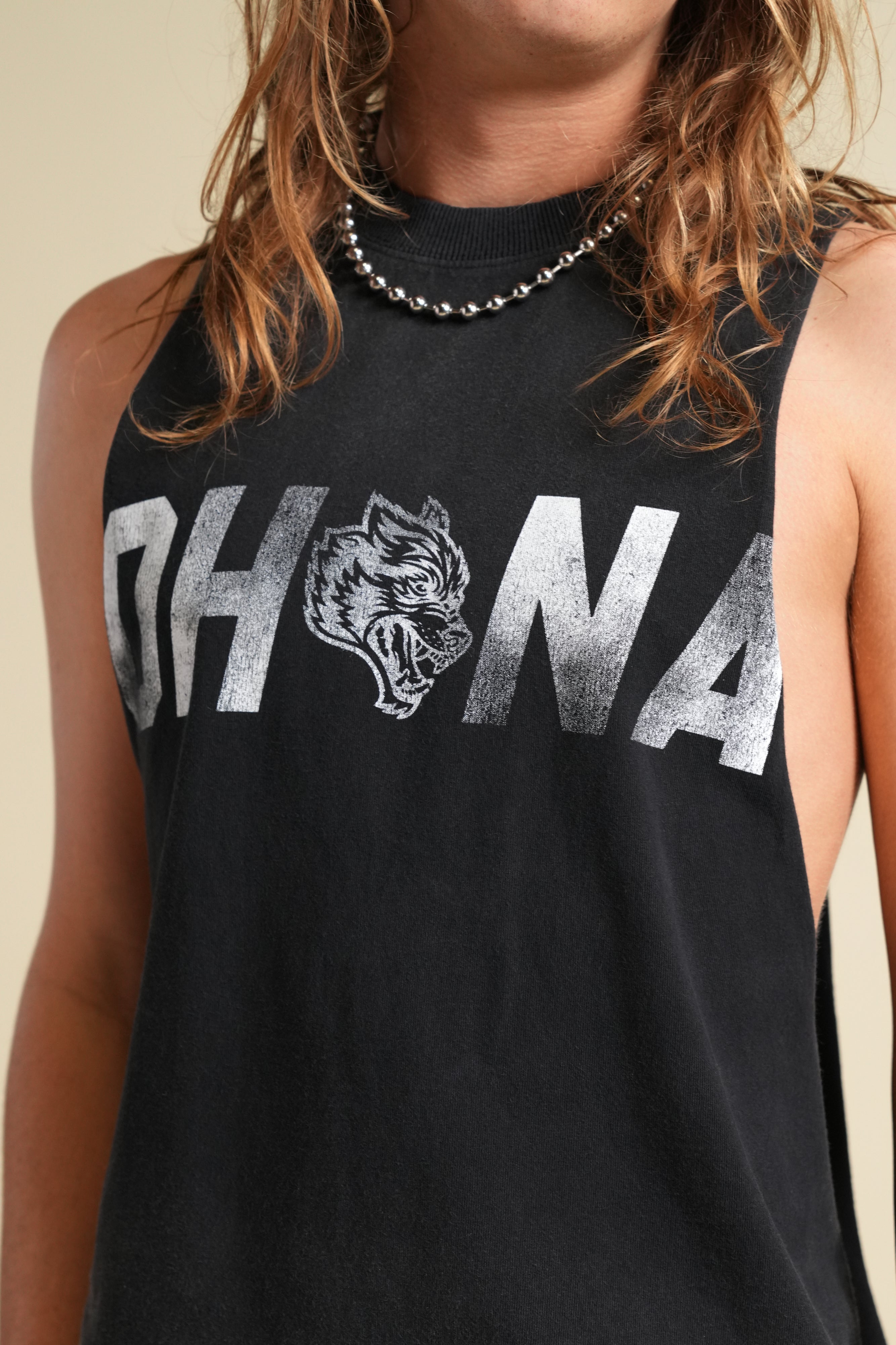 Ohana Wolf "Grunge" Raw Cropped Tommy Muscle Tee in Black Drift Wash
