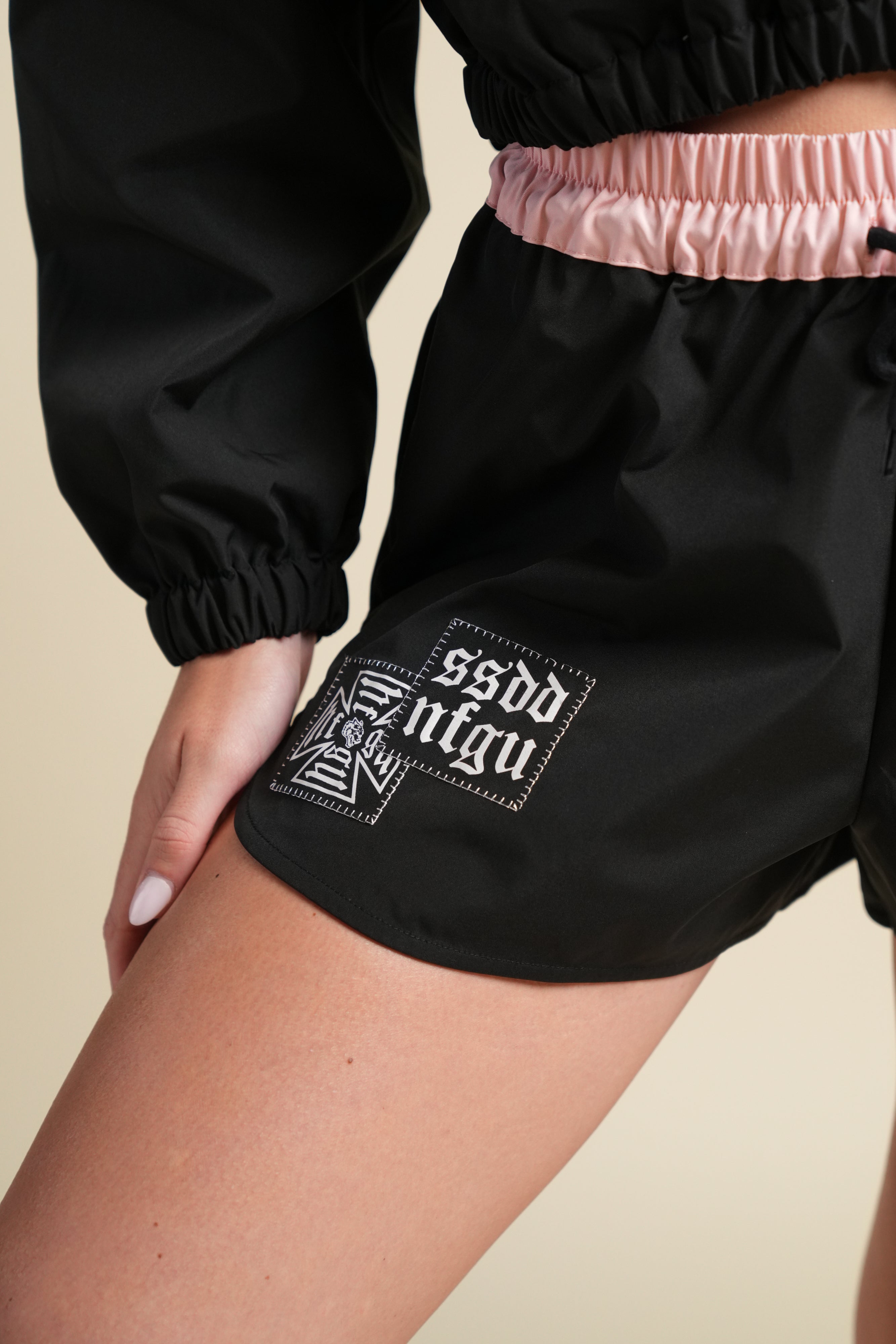 Chopper Core Applique Nadia Track Short in Black/Cherry Blossom