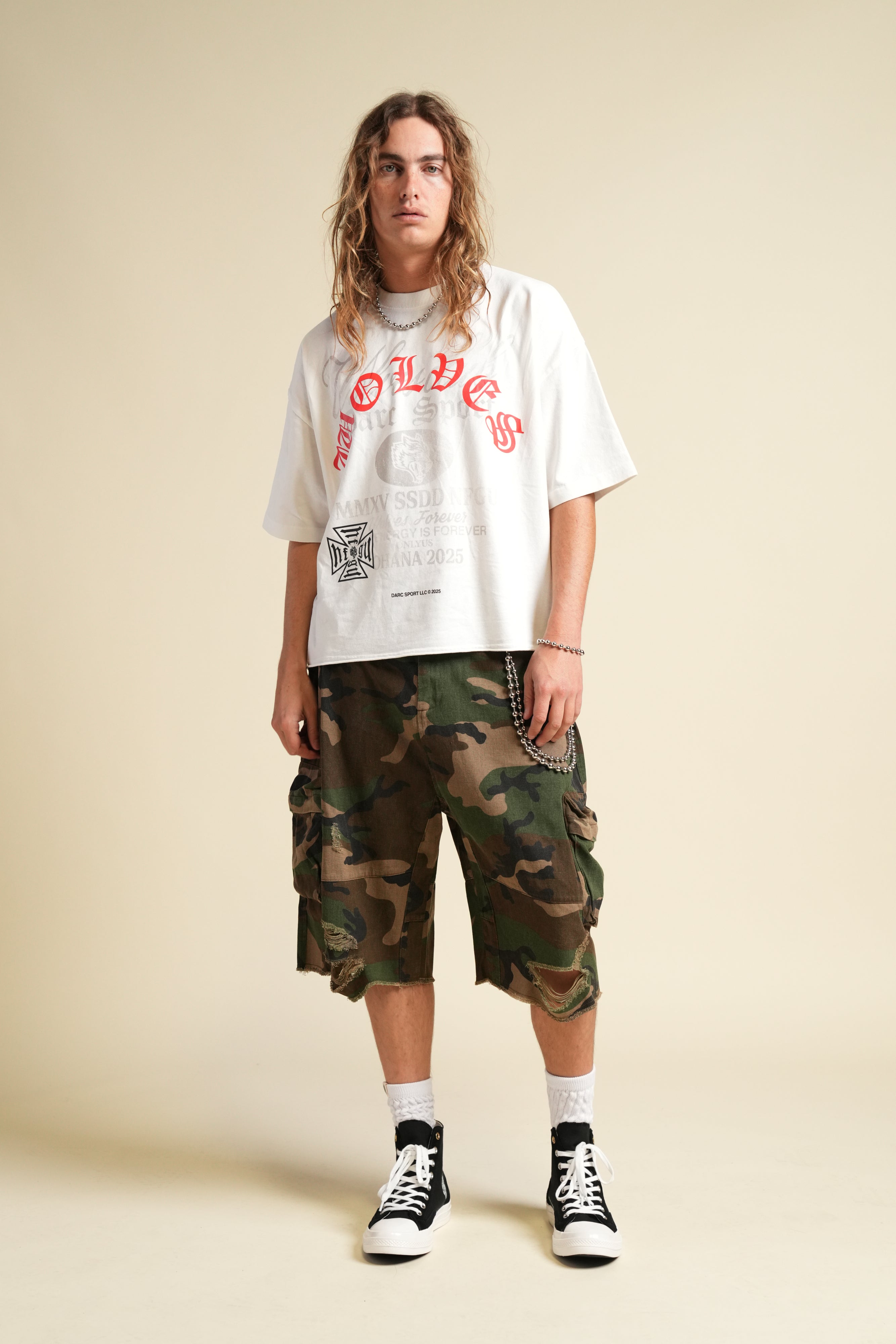 Ohana Wolves Club Grunge Raw Hem Mid Length Tee in Cream