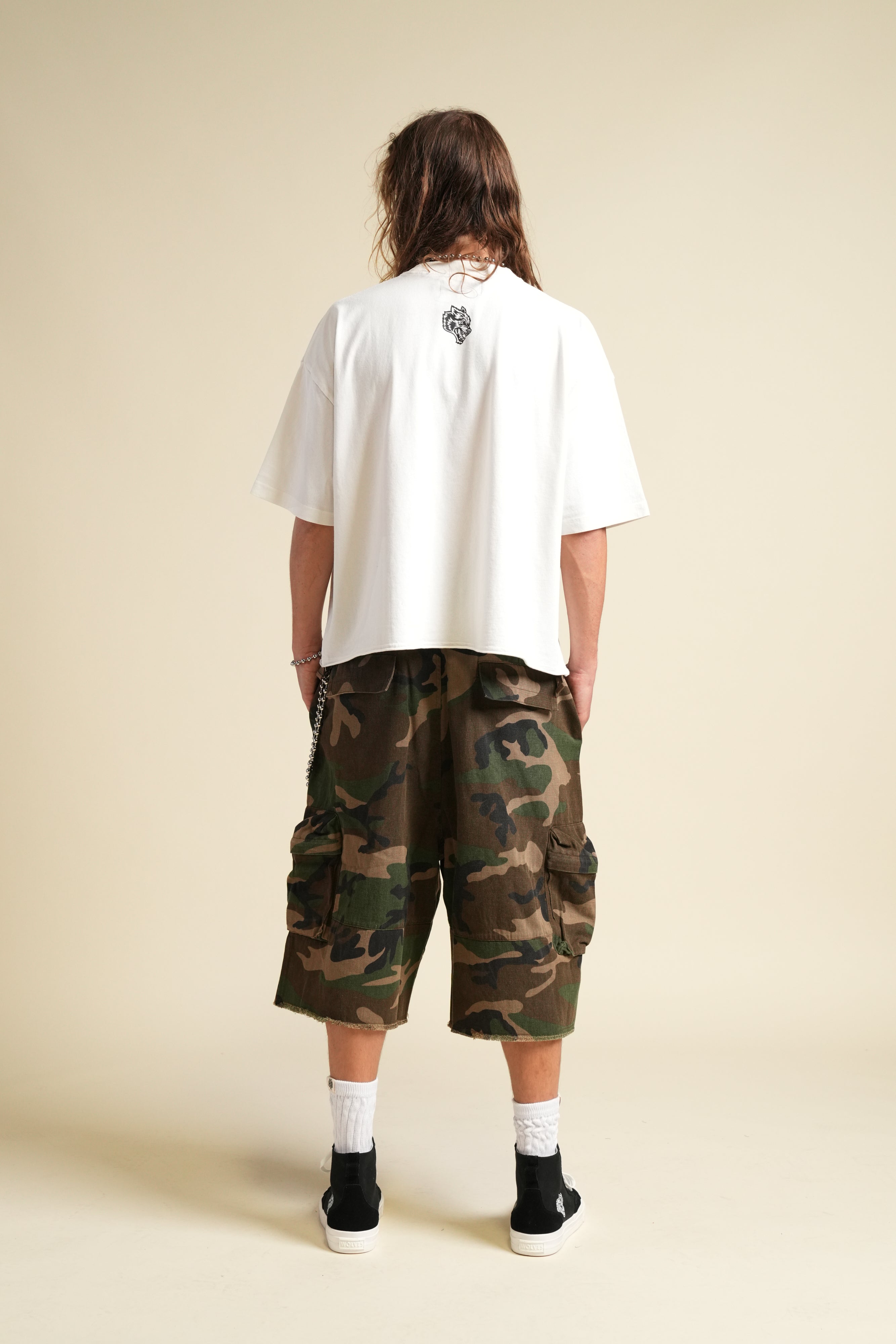 Ohana Wolves Club Grunge Raw Hem Mid Length Tee in Cream