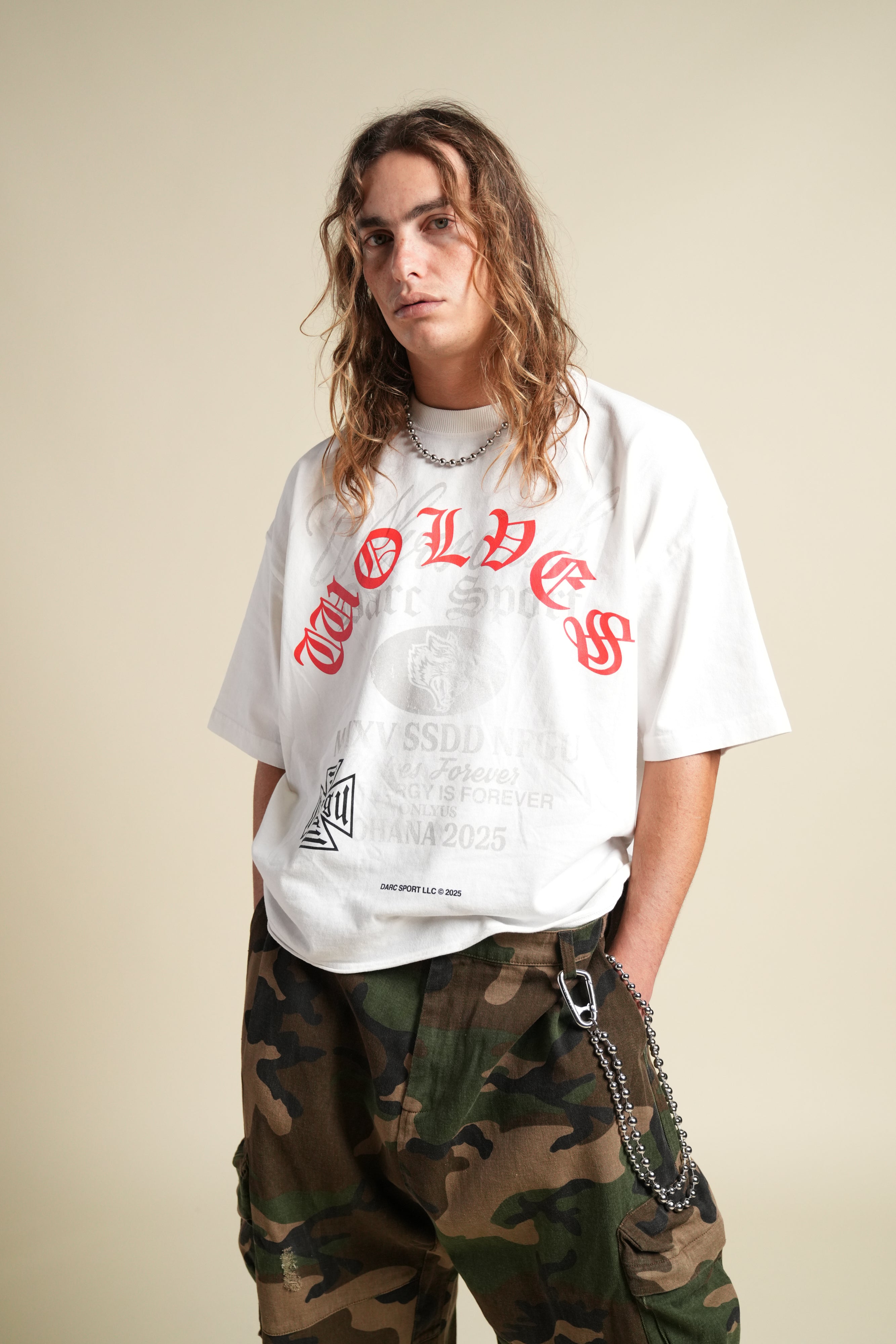 Ohana Wolves Club Grunge Raw Hem Mid Length Tee in Cream