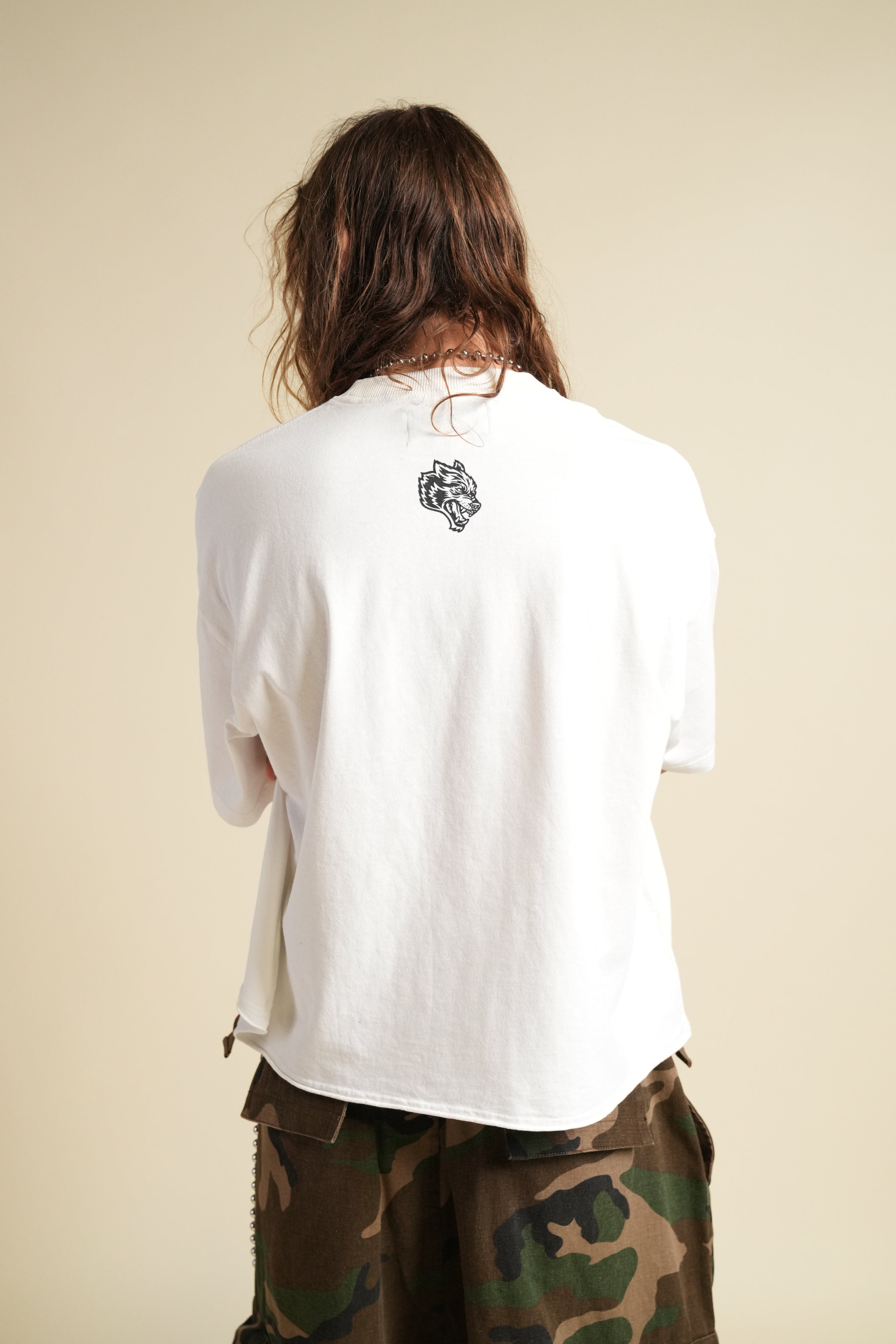 Ohana Wolves Club Grunge Raw Hem Mid Length Tee in Cream