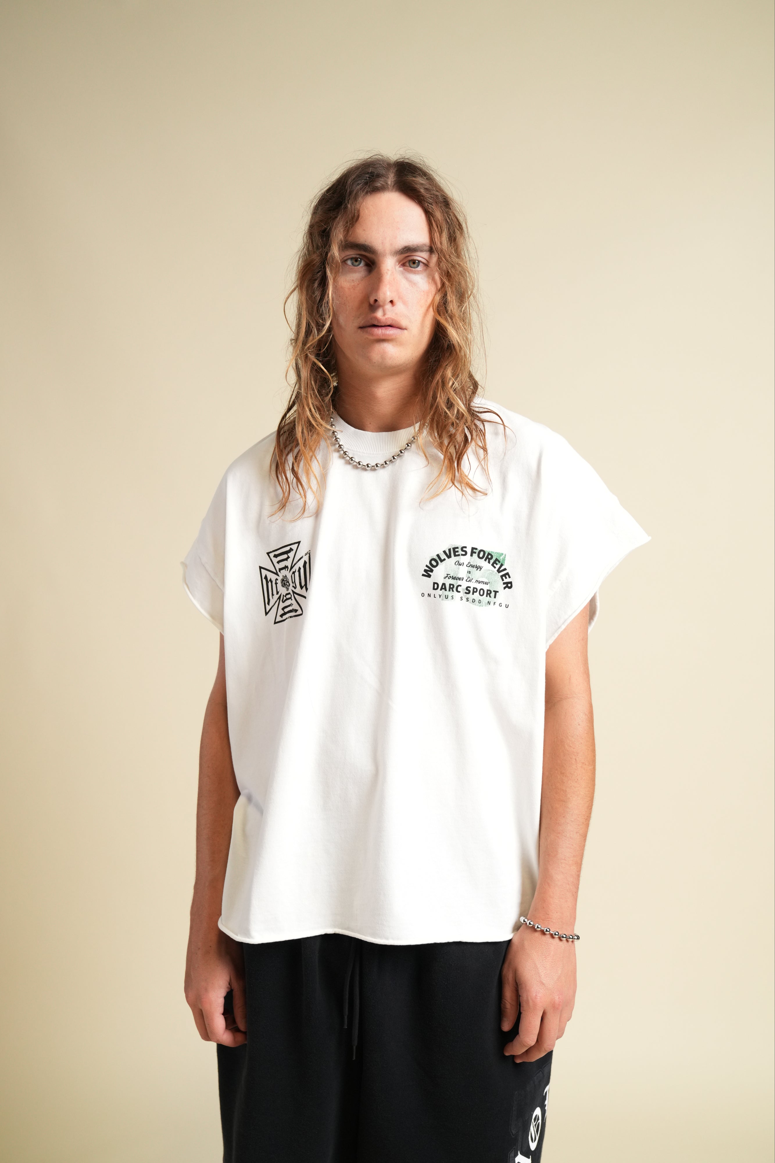 Ohana Energy "Grunge" Cut Off Tee in Cream